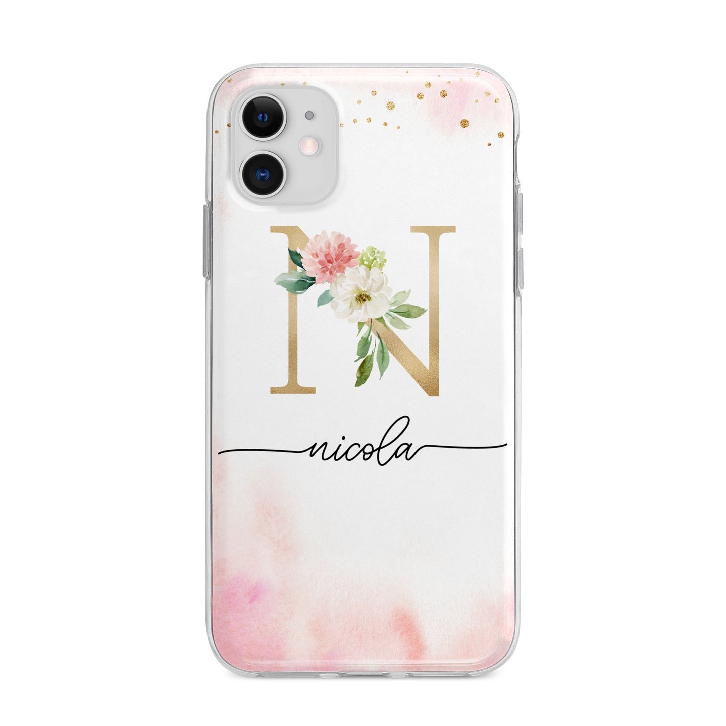 Pink Watercolour Monogram Apple iPhone 11 in White with Bumper Case