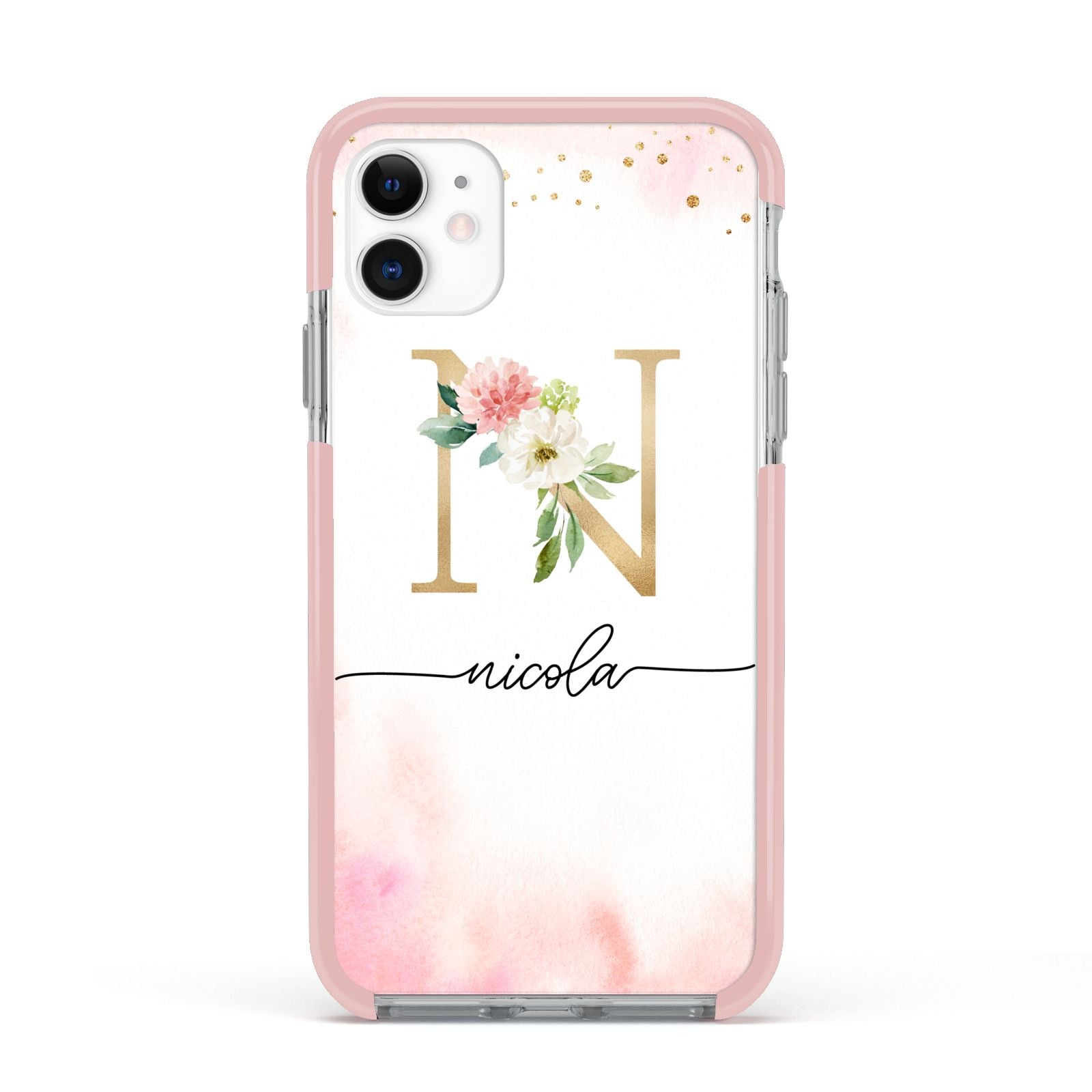 Pink Watercolour Monogram Apple iPhone 11 in White with Pink Impact Case