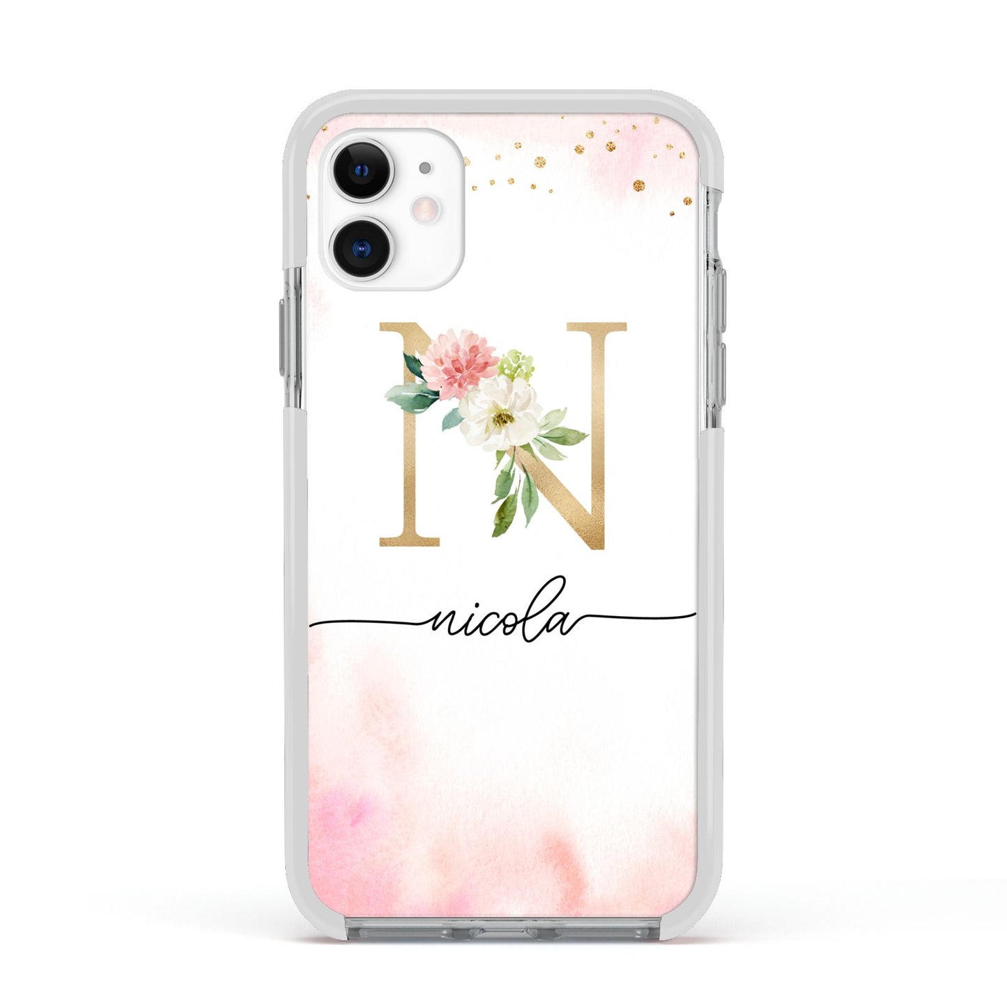 Pink Watercolour Monogram Apple iPhone 11 in White with White Impact Case