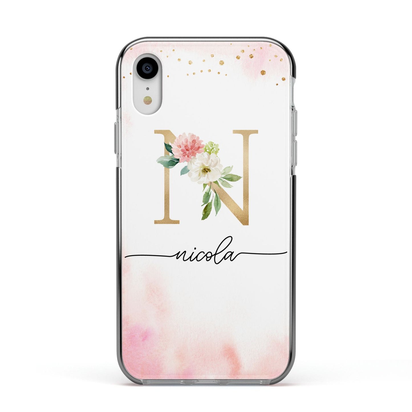 Pink Watercolour Monogram Apple iPhone XR Impact Case Black Edge on Silver Phone