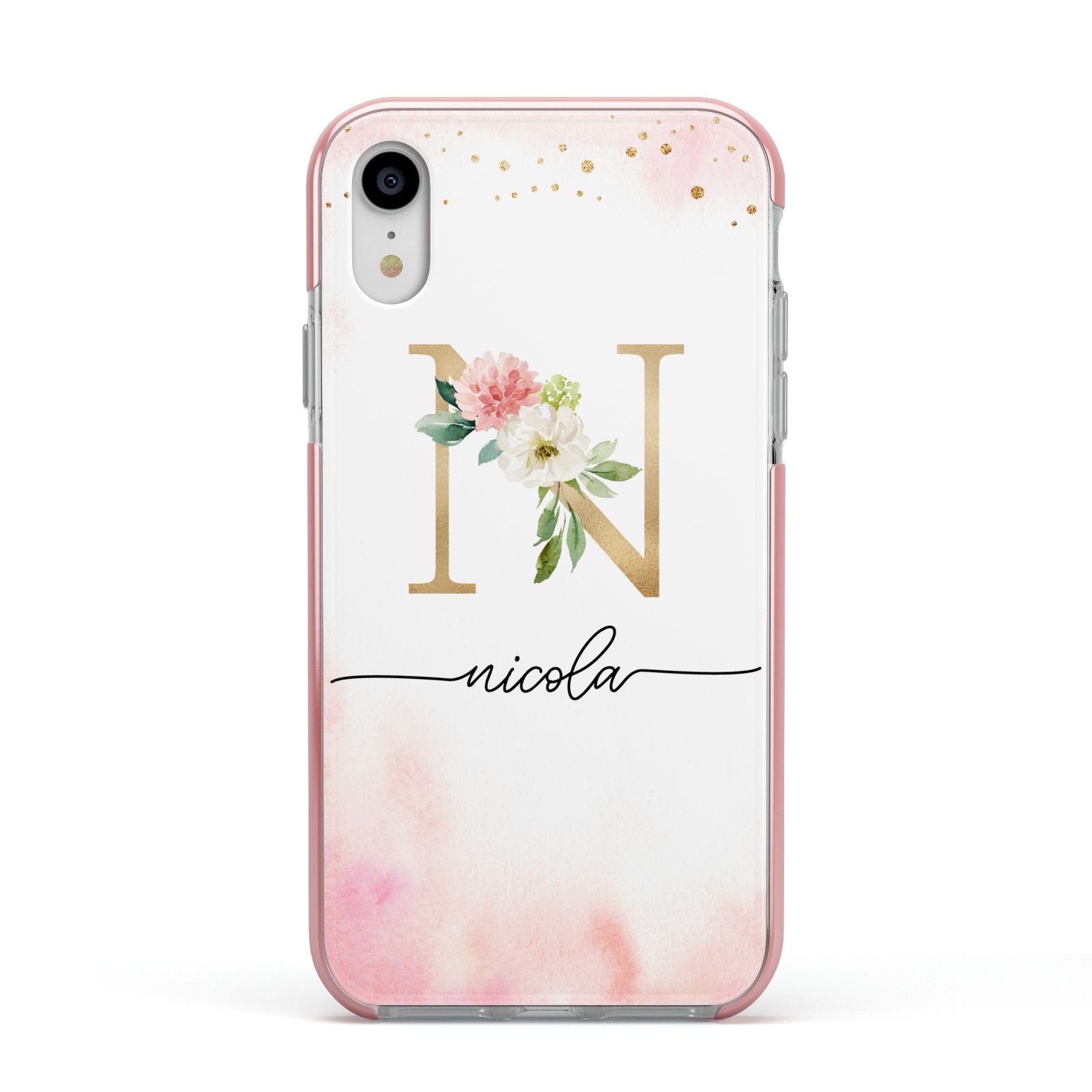 Pink Watercolour Monogram Apple iPhone XR Impact Case Pink Edge on Silver Phone