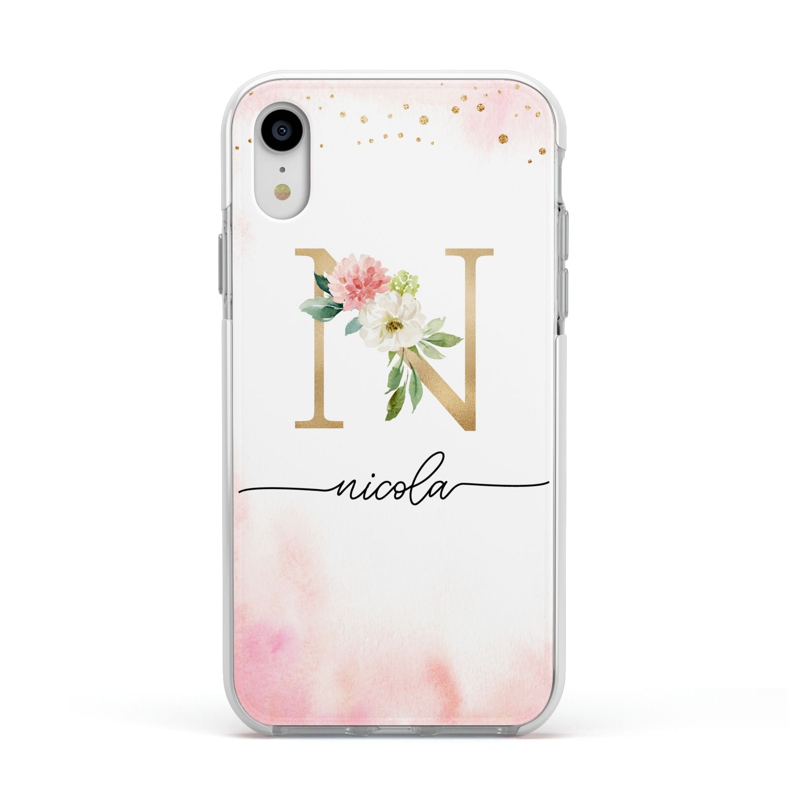 Pink Watercolour Monogram Apple iPhone XR Impact Case White Edge on Silver Phone