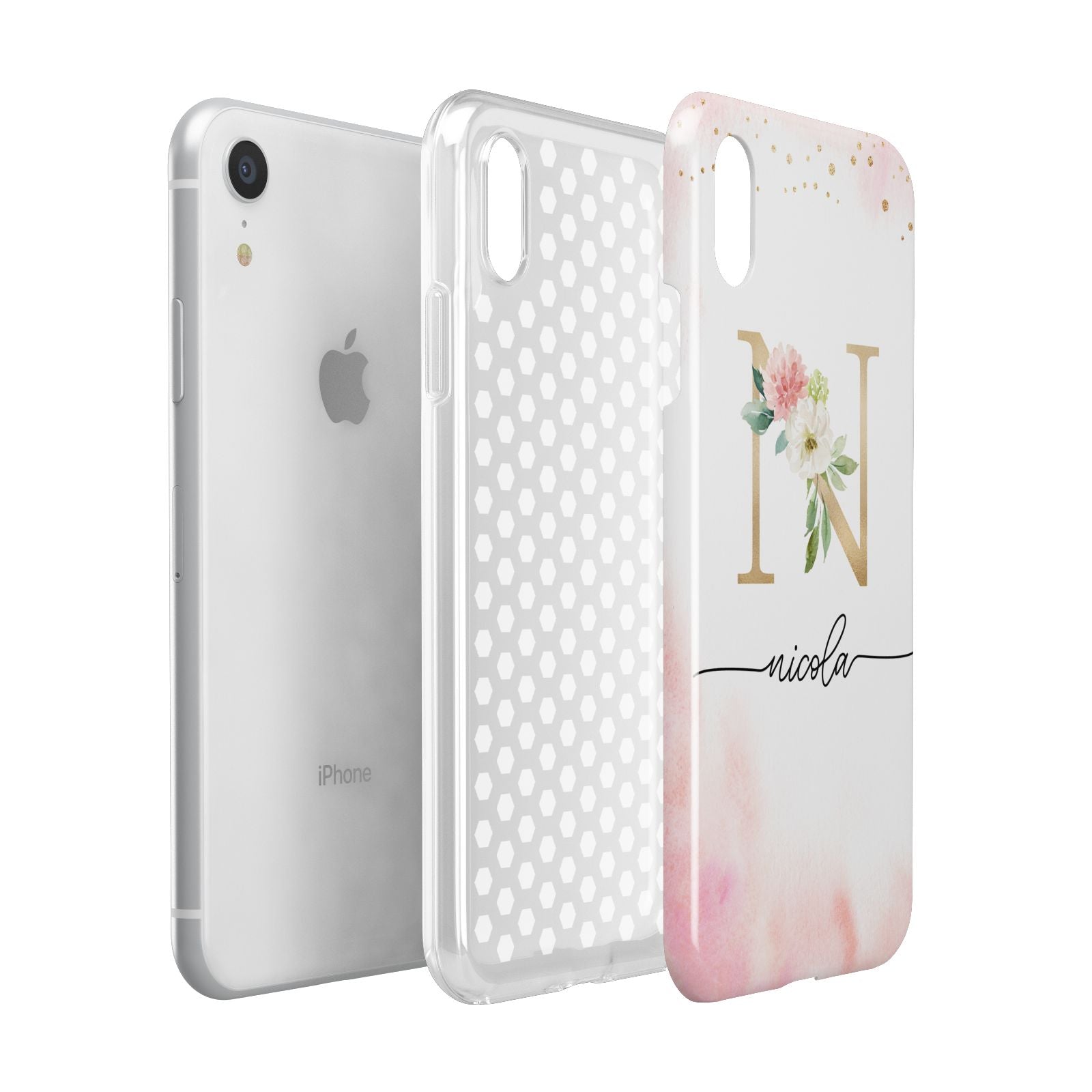 Pink Watercolour Monogram Apple iPhone XR White 3D Tough Case Expanded view