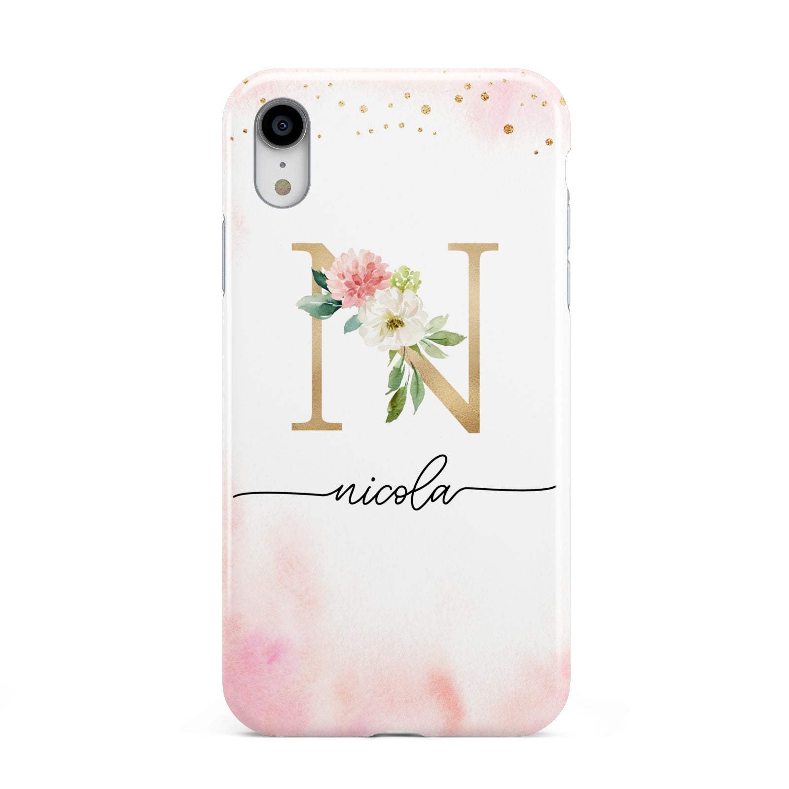 Pink Watercolour Monogram Apple iPhone XR White 3D Tough Case