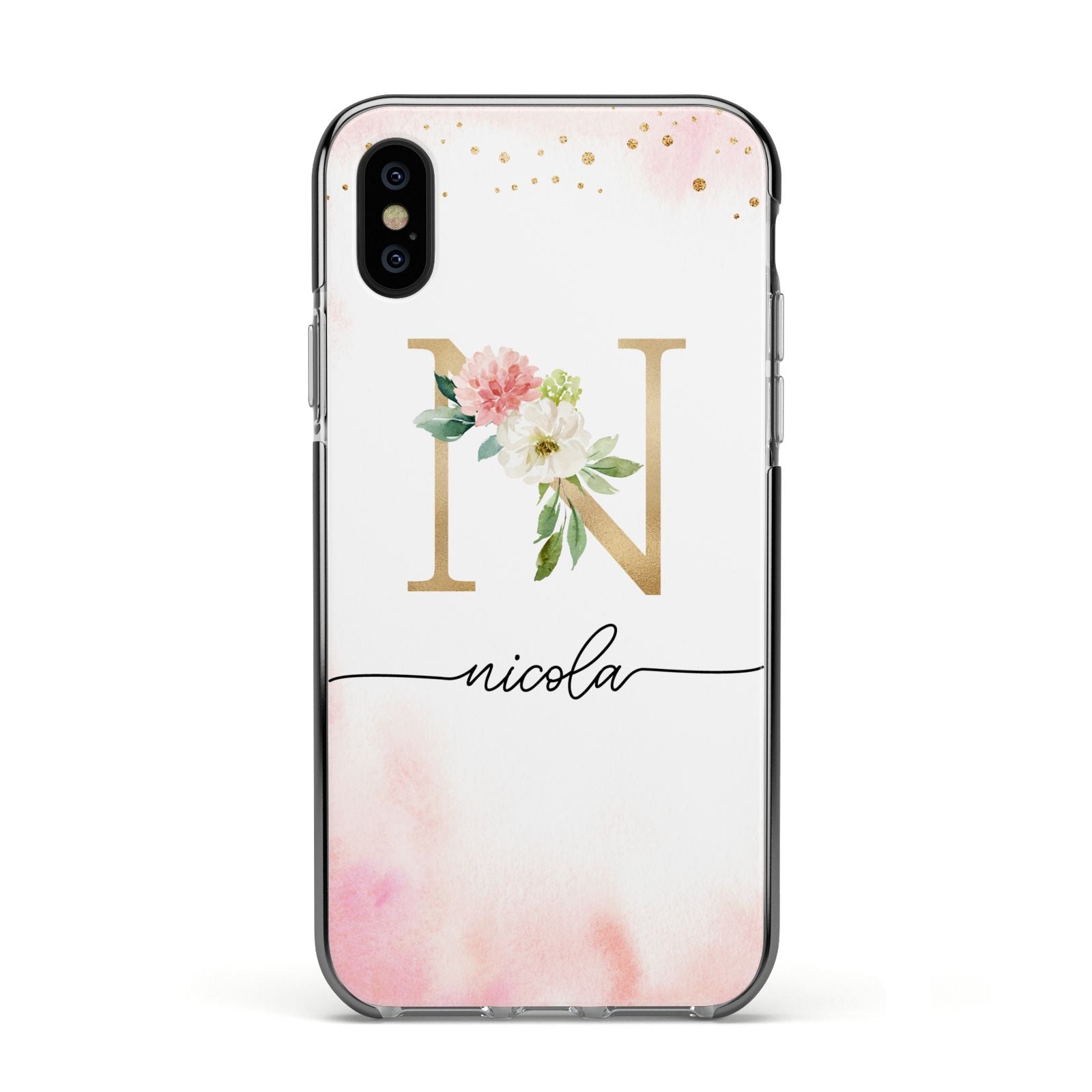 Pink Watercolour Monogram Apple iPhone Xs Impact Case Black Edge on Black Phone