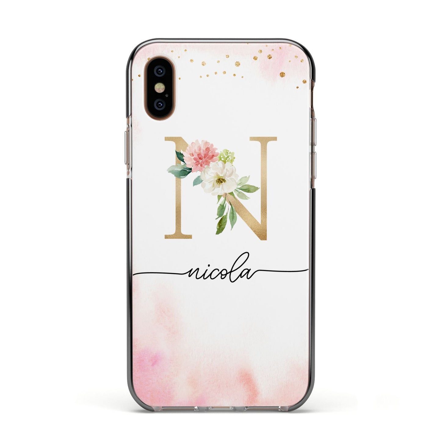 Pink Watercolour Monogram Apple iPhone Xs Impact Case Black Edge on Gold Phone