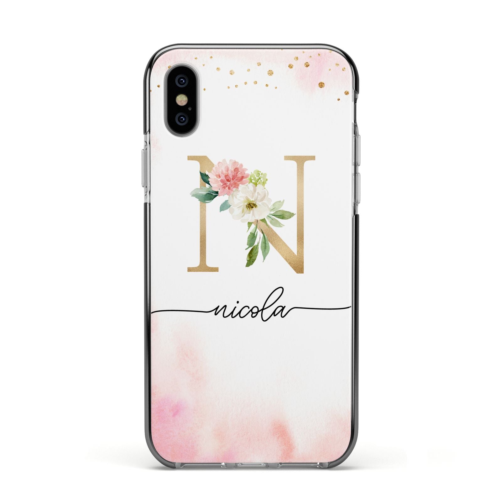 Pink Watercolour Monogram Apple iPhone Xs Impact Case Black Edge on Silver Phone