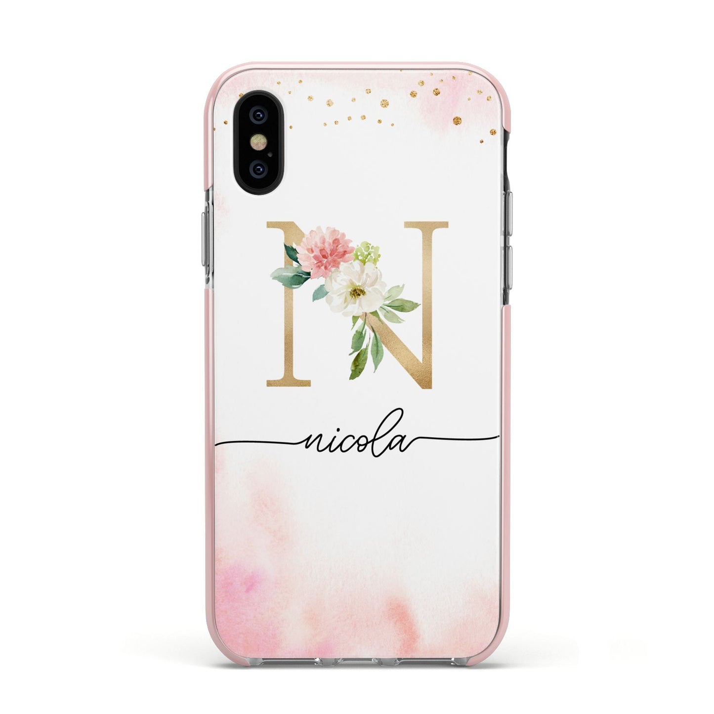 Pink Watercolour Monogram Apple iPhone Xs Impact Case Pink Edge on Black Phone