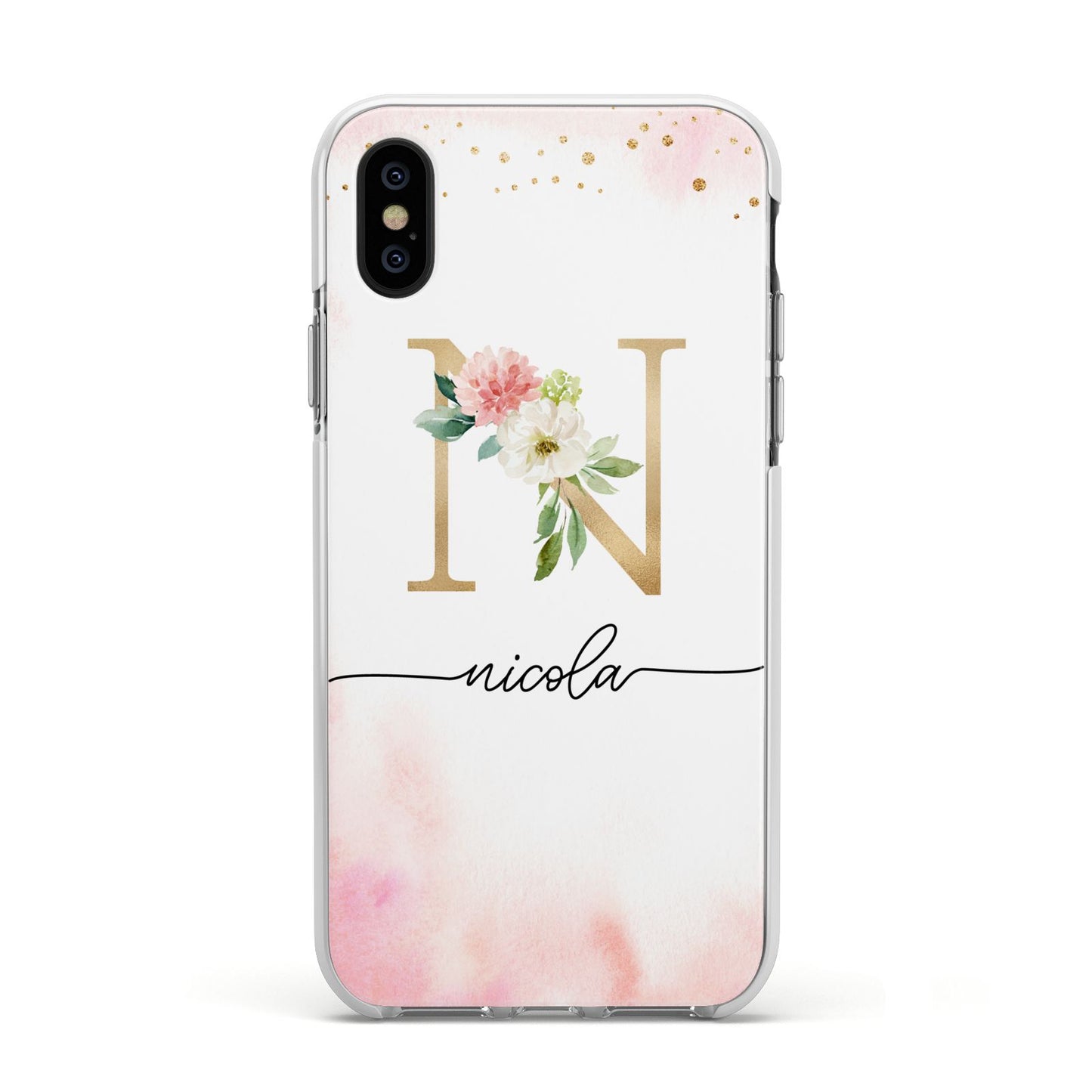 Pink Watercolour Monogram Apple iPhone Xs Impact Case White Edge on Black Phone