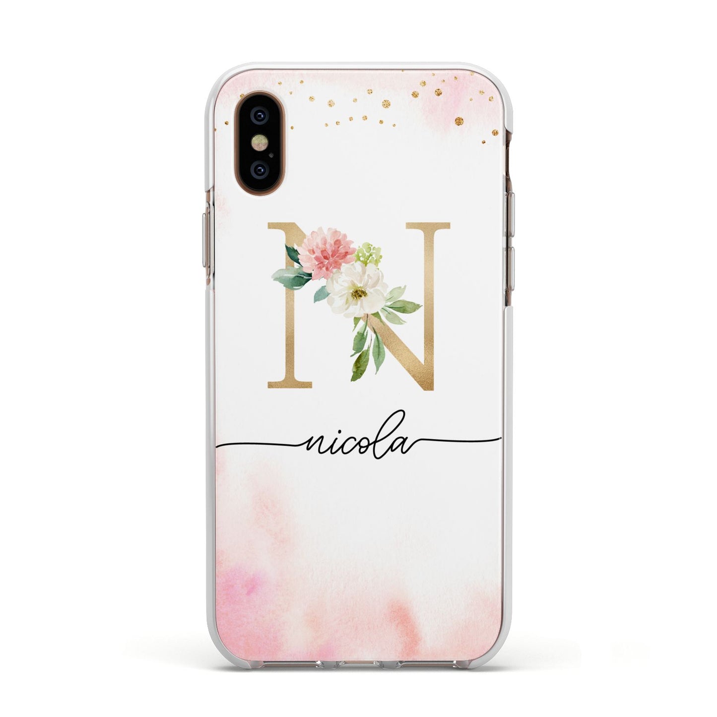 Pink Watercolour Monogram Apple iPhone Xs Impact Case White Edge on Gold Phone