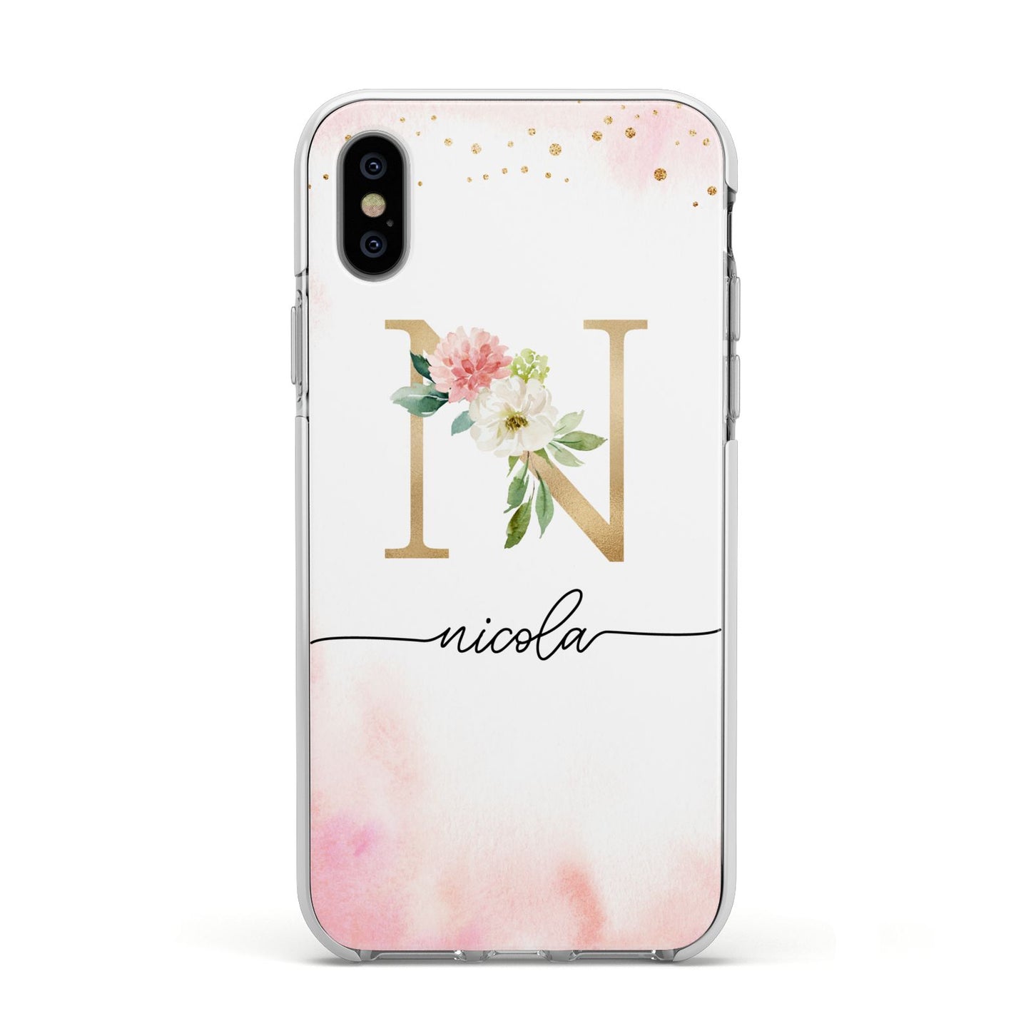 Pink Watercolour Monogram Apple iPhone Xs Impact Case White Edge on Silver Phone