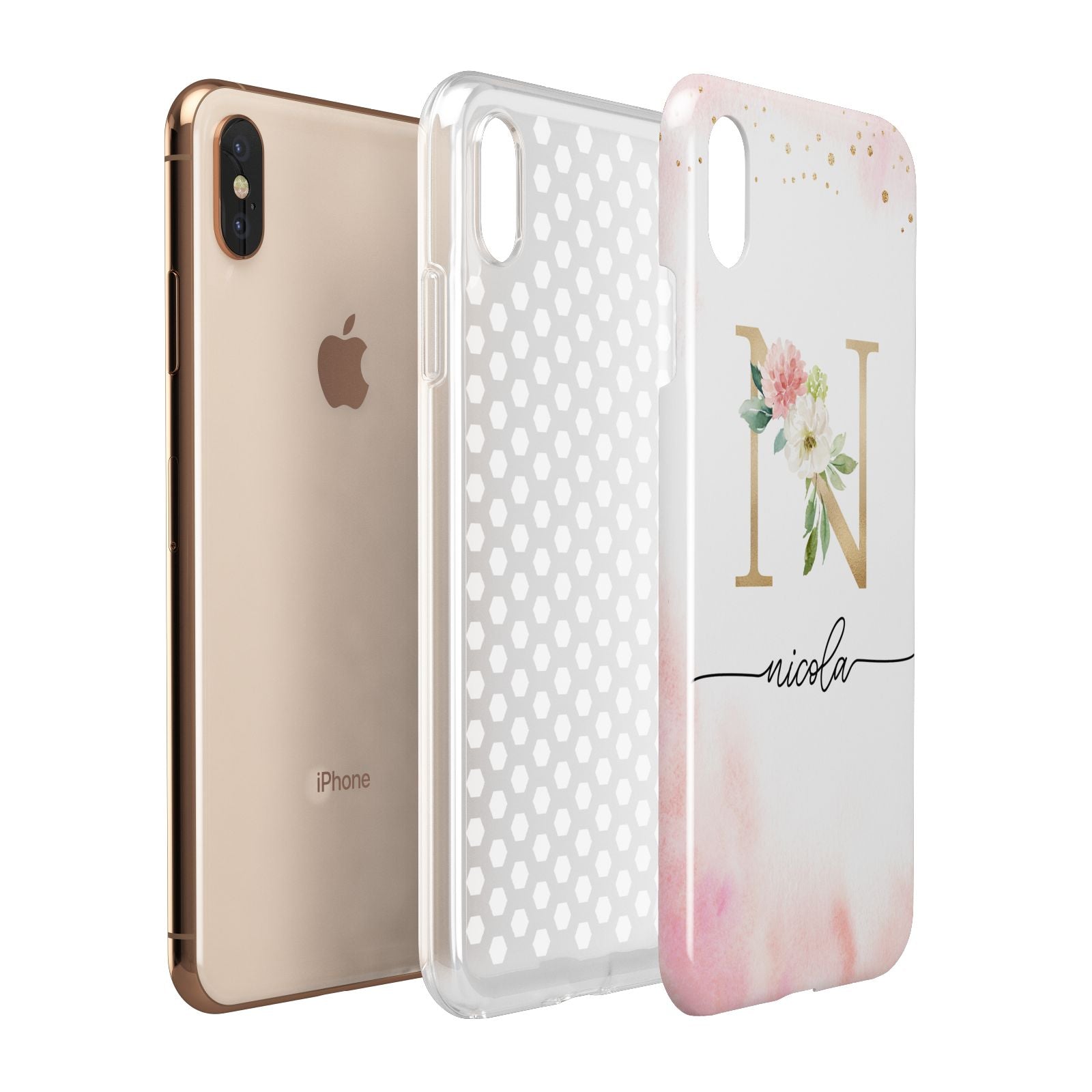 Pink Watercolour Monogram Apple iPhone Xs Max 3D Tough Case Expanded View