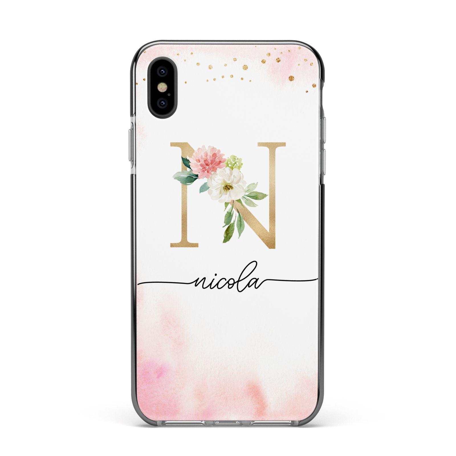 Pink Watercolour Monogram Apple iPhone Xs Max Impact Case Black Edge on Black Phone