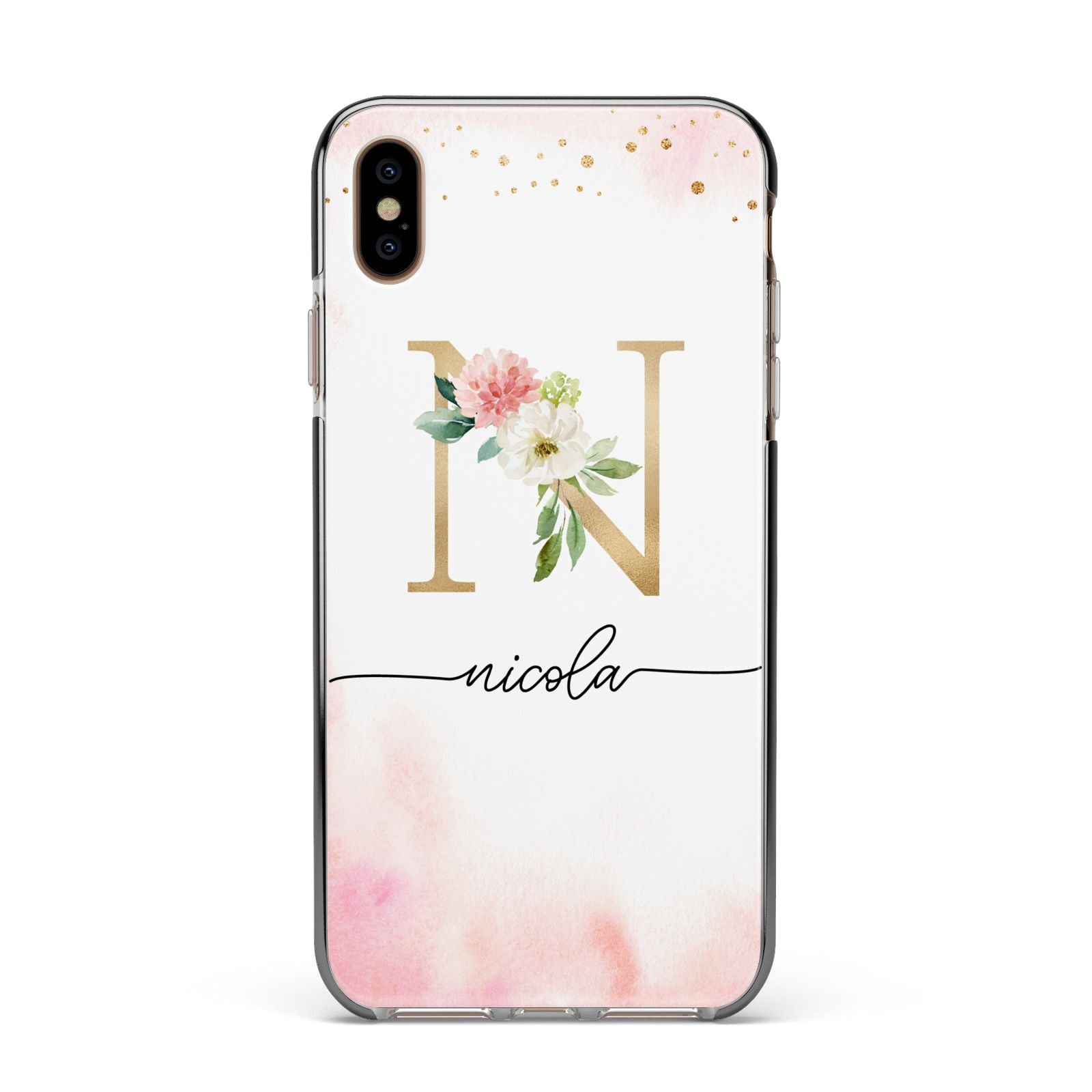 Pink Watercolour Monogram Apple iPhone Xs Max Impact Case Black Edge on Gold Phone