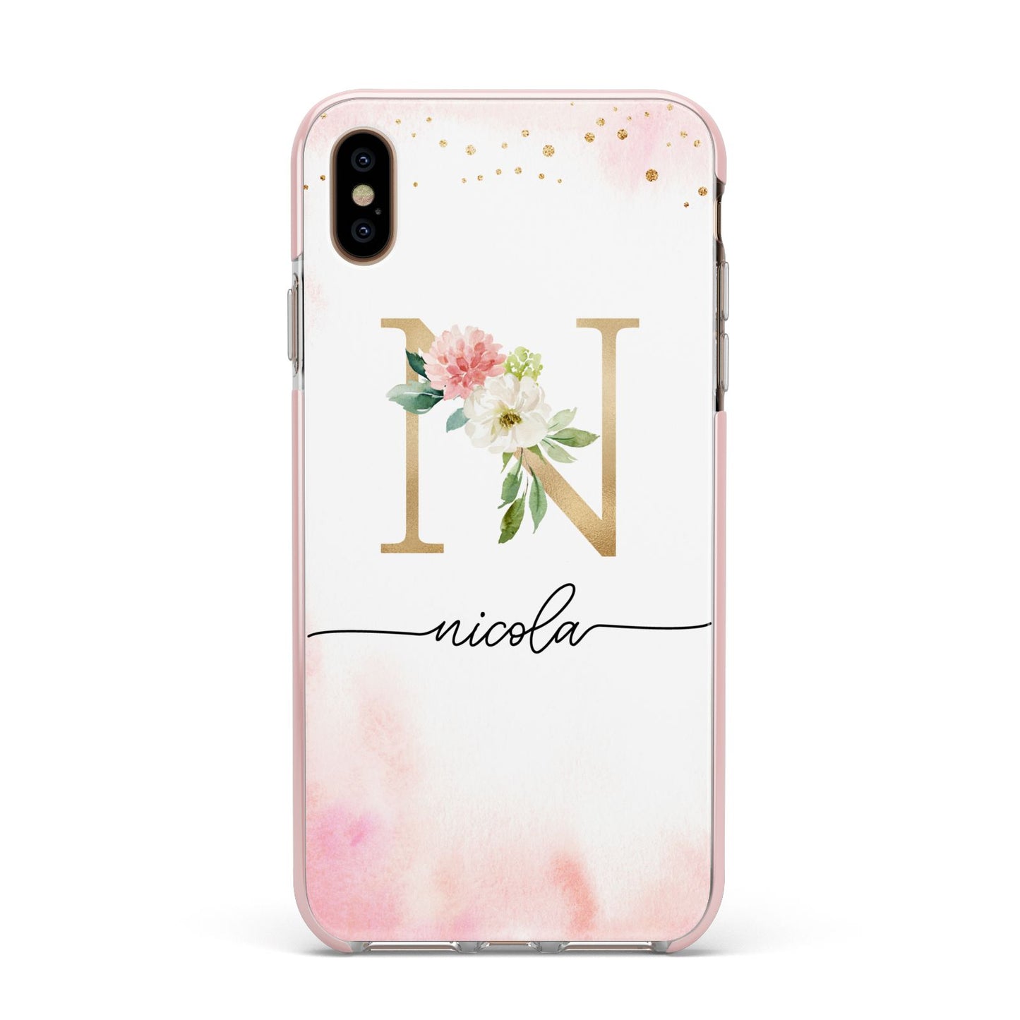 Pink Watercolour Monogram Apple iPhone Xs Max Impact Case Pink Edge on Gold Phone