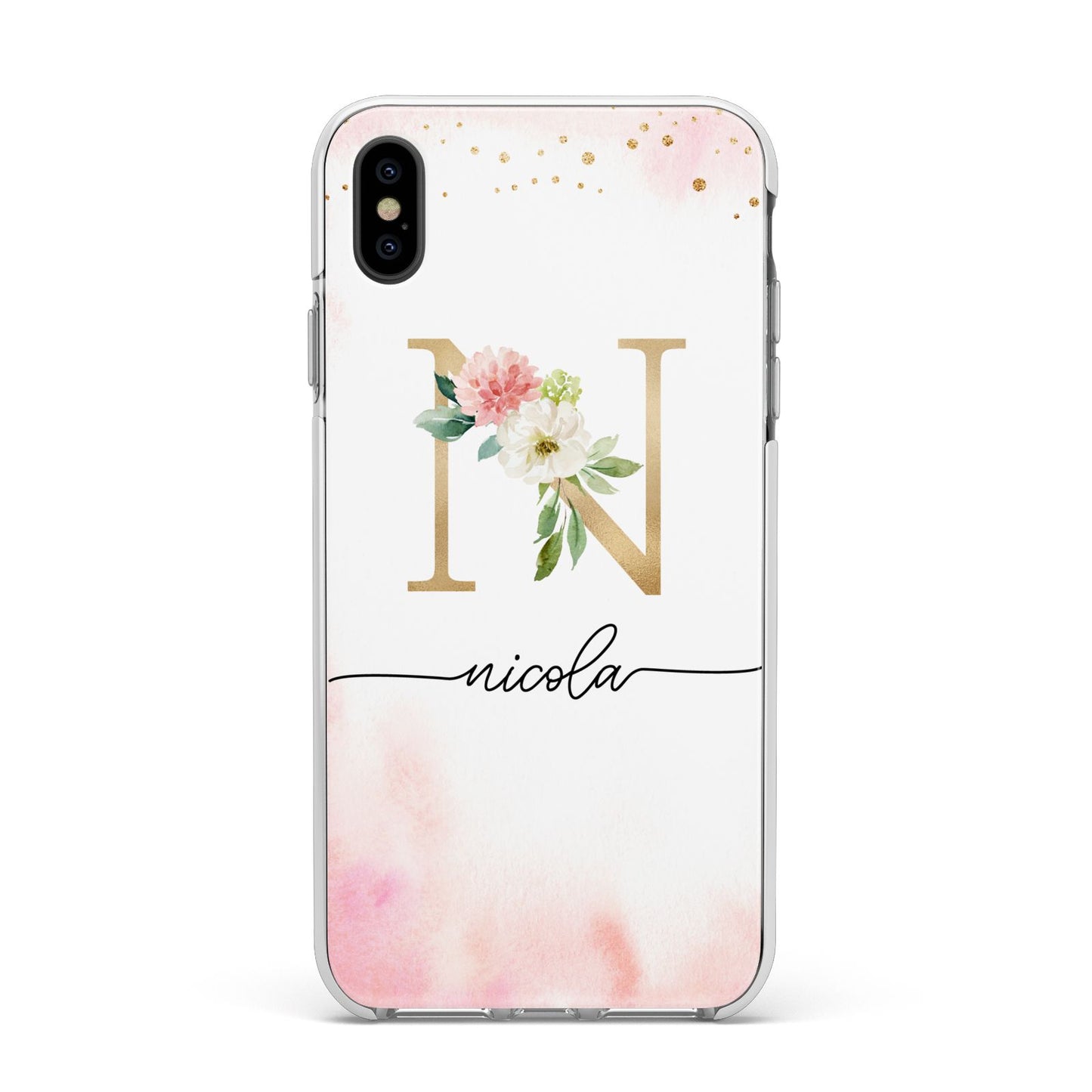 Pink Watercolour Monogram Apple iPhone Xs Max Impact Case White Edge on Black Phone