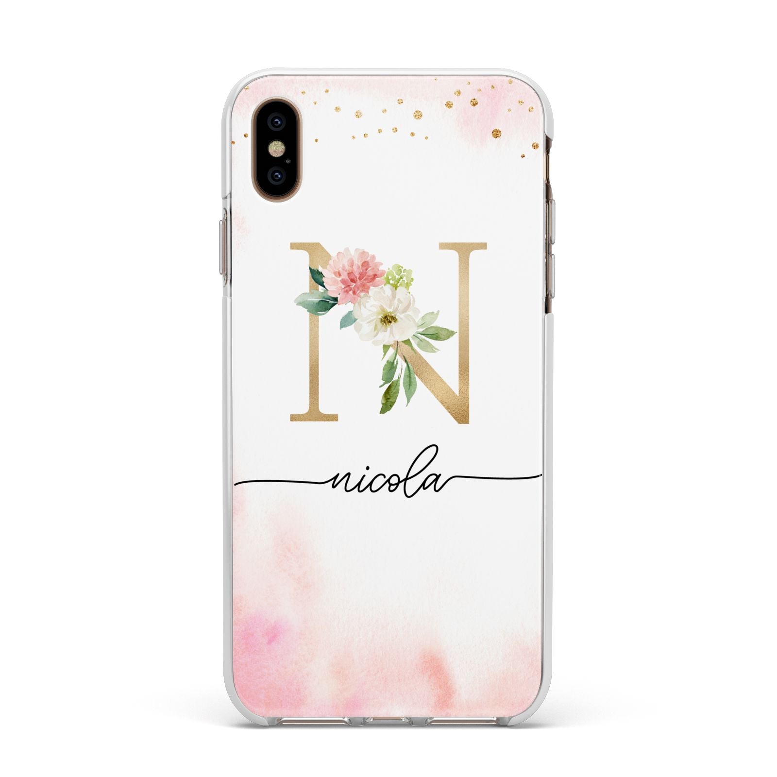 Pink Watercolour Monogram Apple iPhone Xs Max Impact Case White Edge on Gold Phone