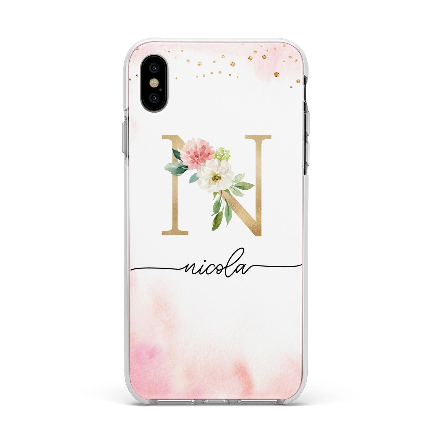 Pink Watercolour Monogram Apple iPhone Xs Max Impact Case White Edge on Silver Phone