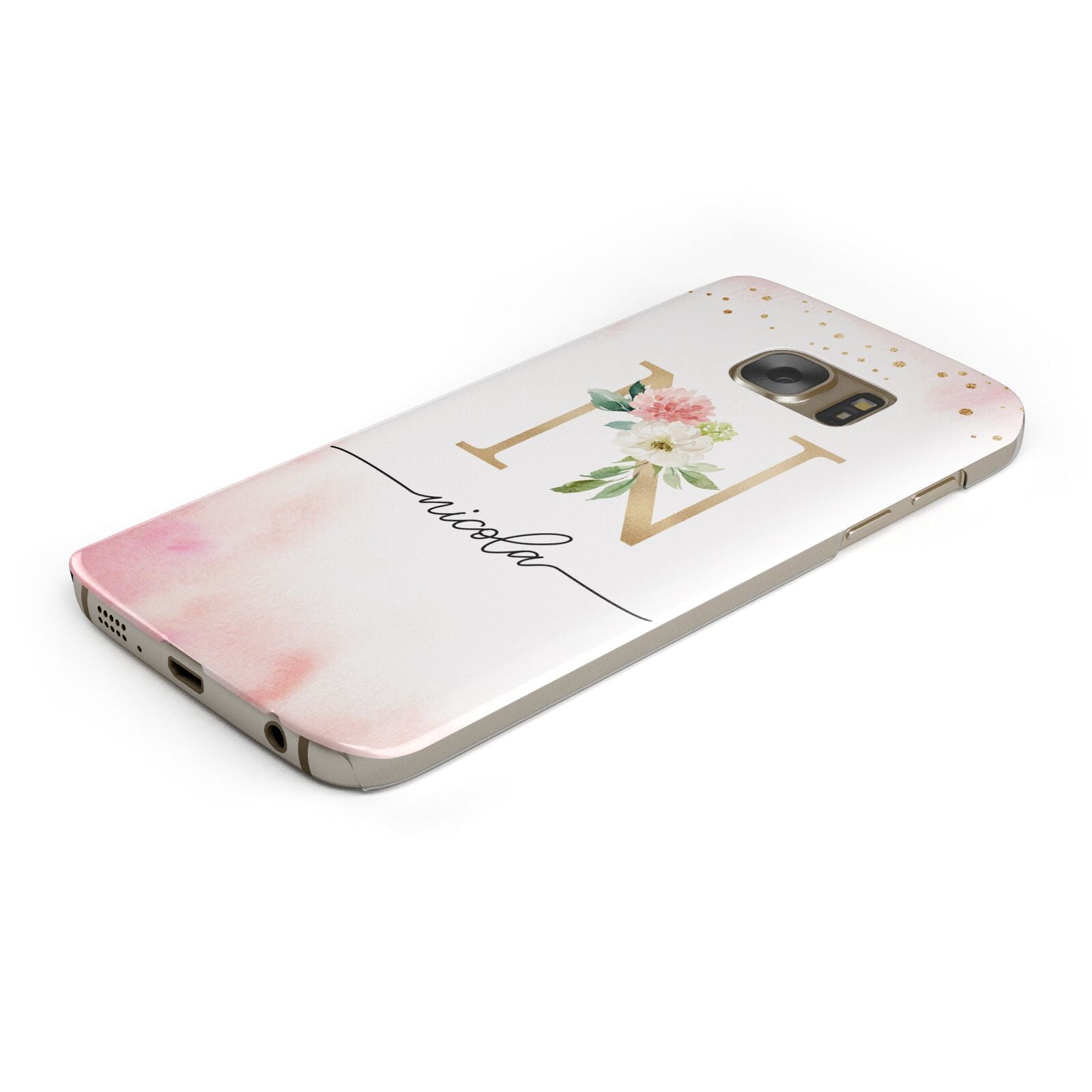 Pink Watercolour Monogram Protective Samsung Galaxy Case Angled Image