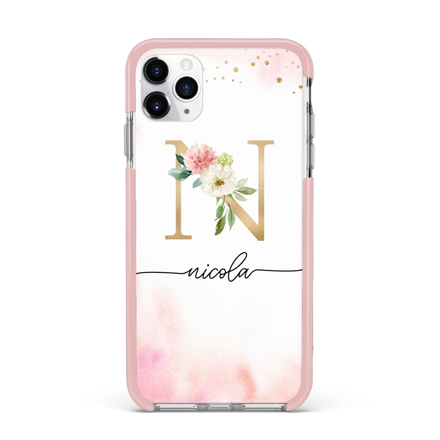 Pink Watercolour Monogram iPhone 11 Pro Max Impact Pink Edge Case