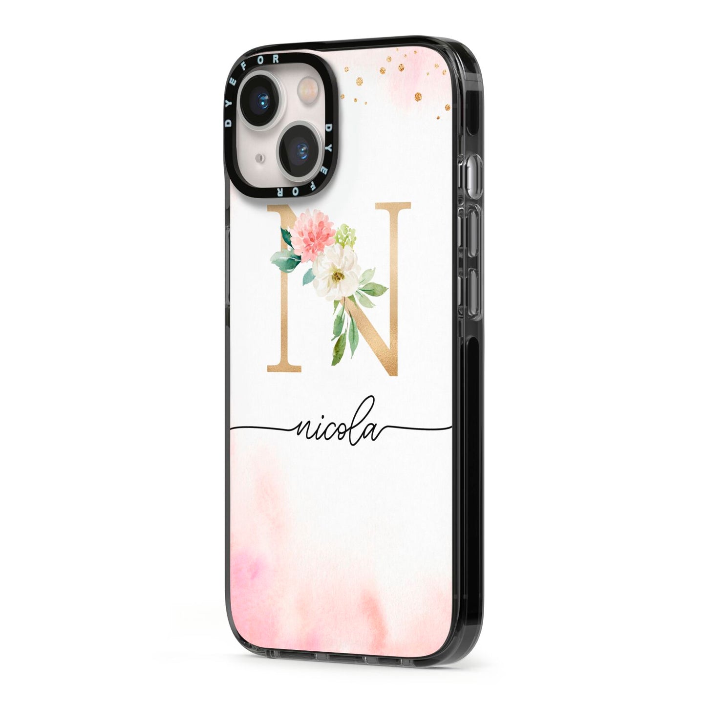 Pink Watercolour Monogram iPhone 13 Black Impact Case Side Angle on Silver phone