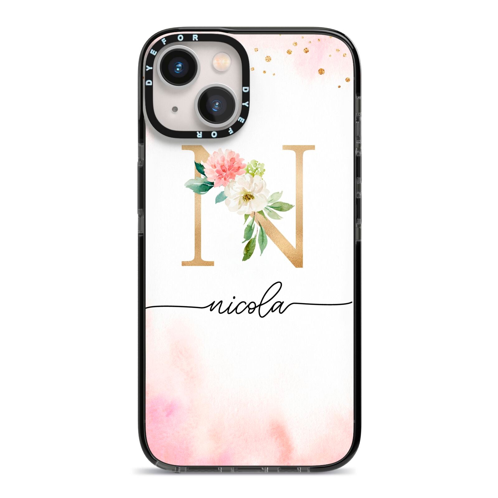 Pink Watercolour Monogram iPhone 13 Black Impact Case on Silver phone