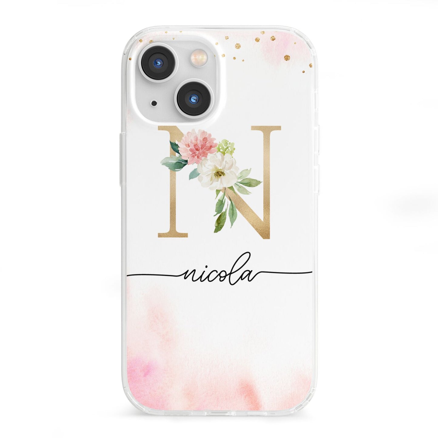 Pink Watercolour Monogram iPhone 13 Mini Clear Bumper Case