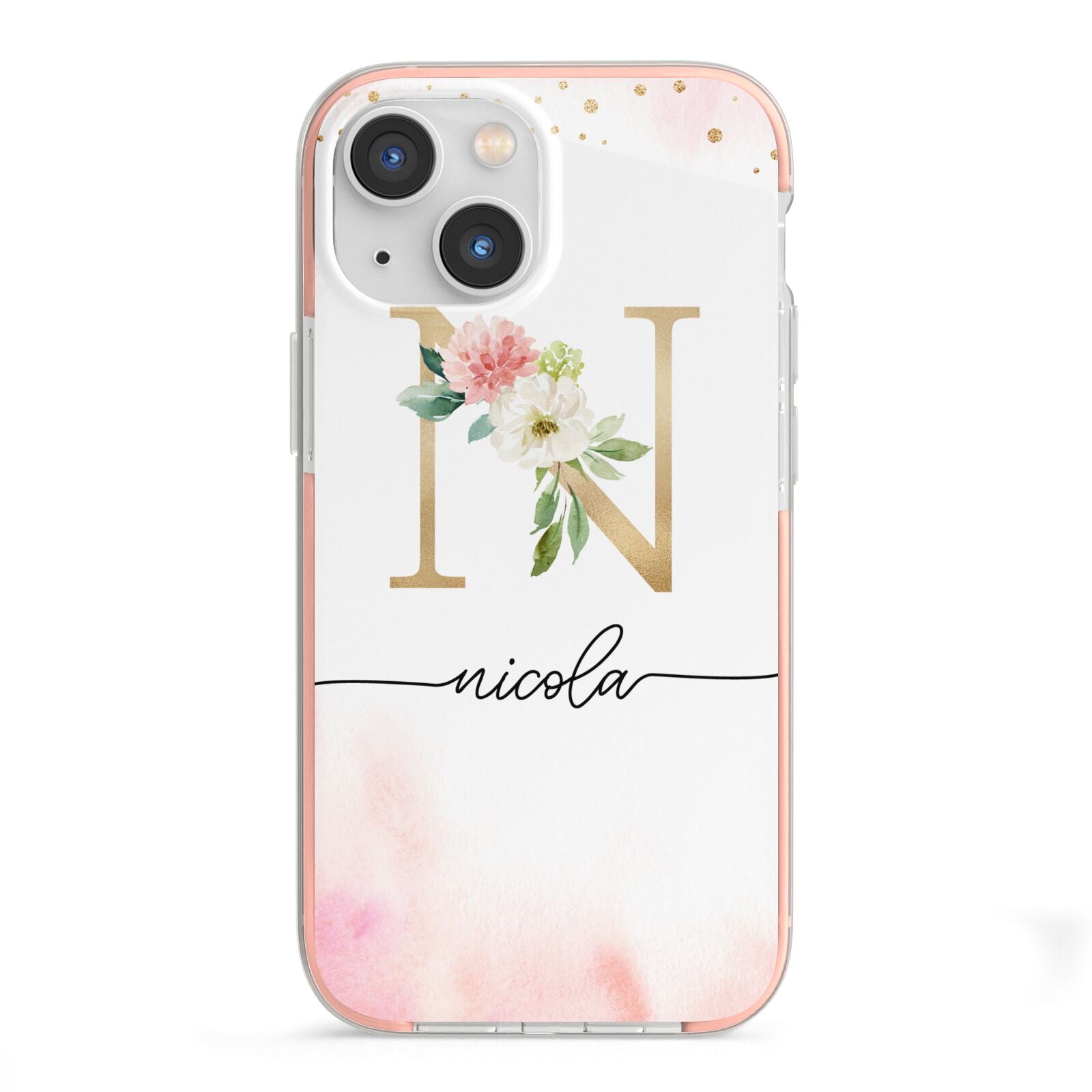 Pink Watercolour Monogram iPhone 13 Mini TPU Impact Case with Pink Edges