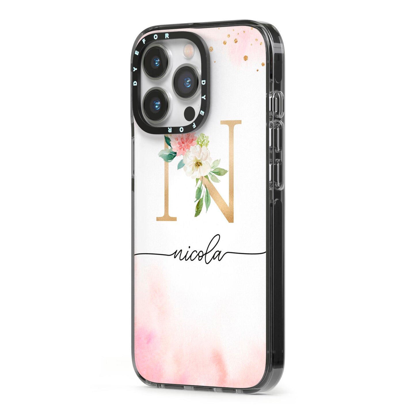 Pink Watercolour Monogram iPhone 13 Pro Black Impact Case Side Angle on Silver phone