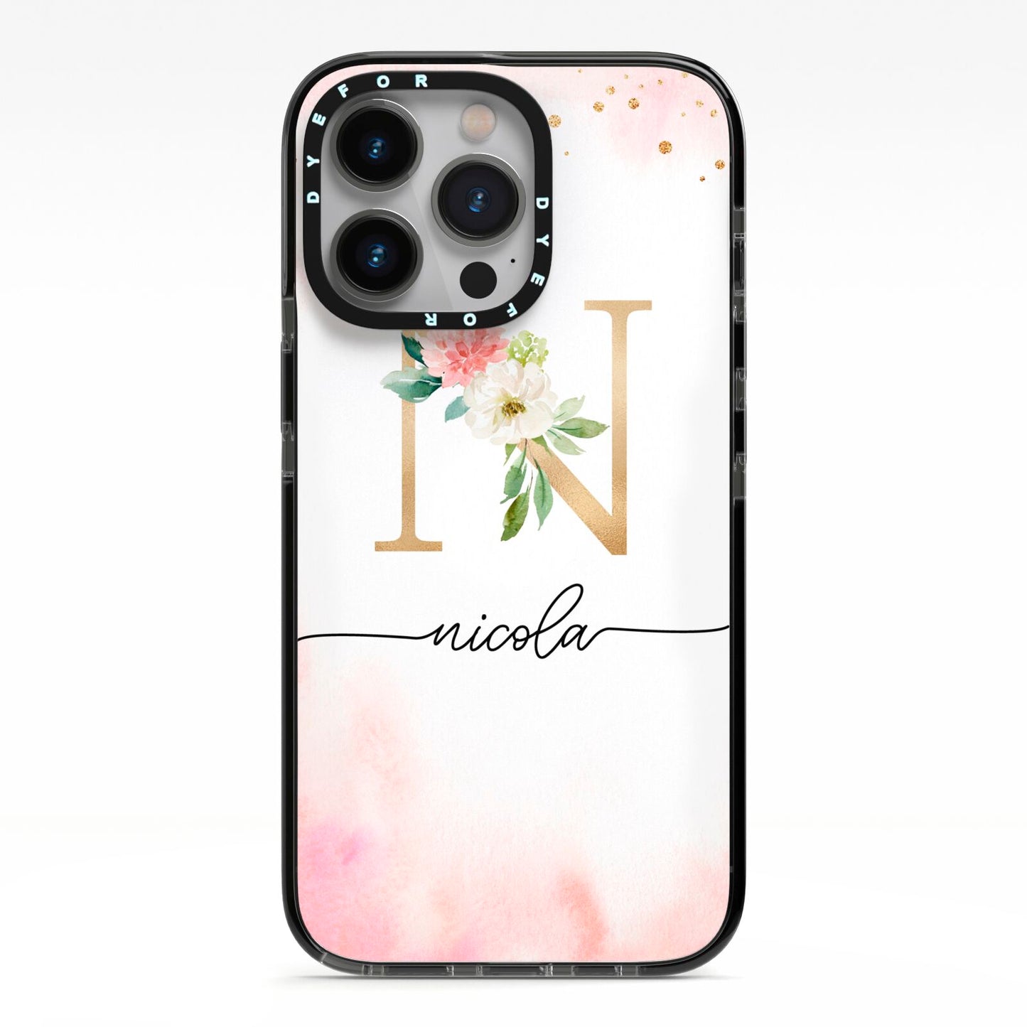 Pink Watercolour Monogram iPhone 13 Pro Black Impact Case on Silver phone