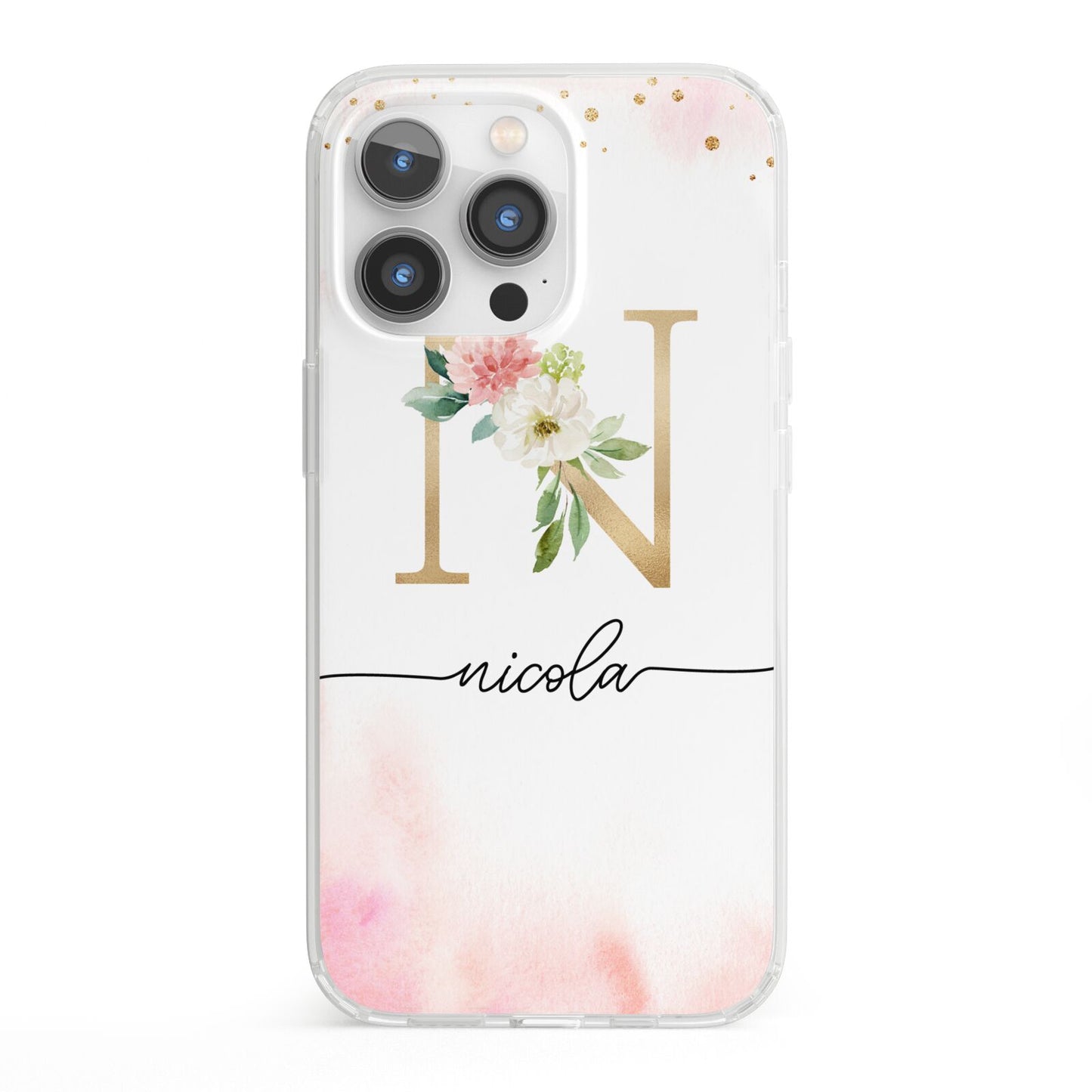 Pink Watercolour Monogram iPhone 13 Pro Clear Bumper Case