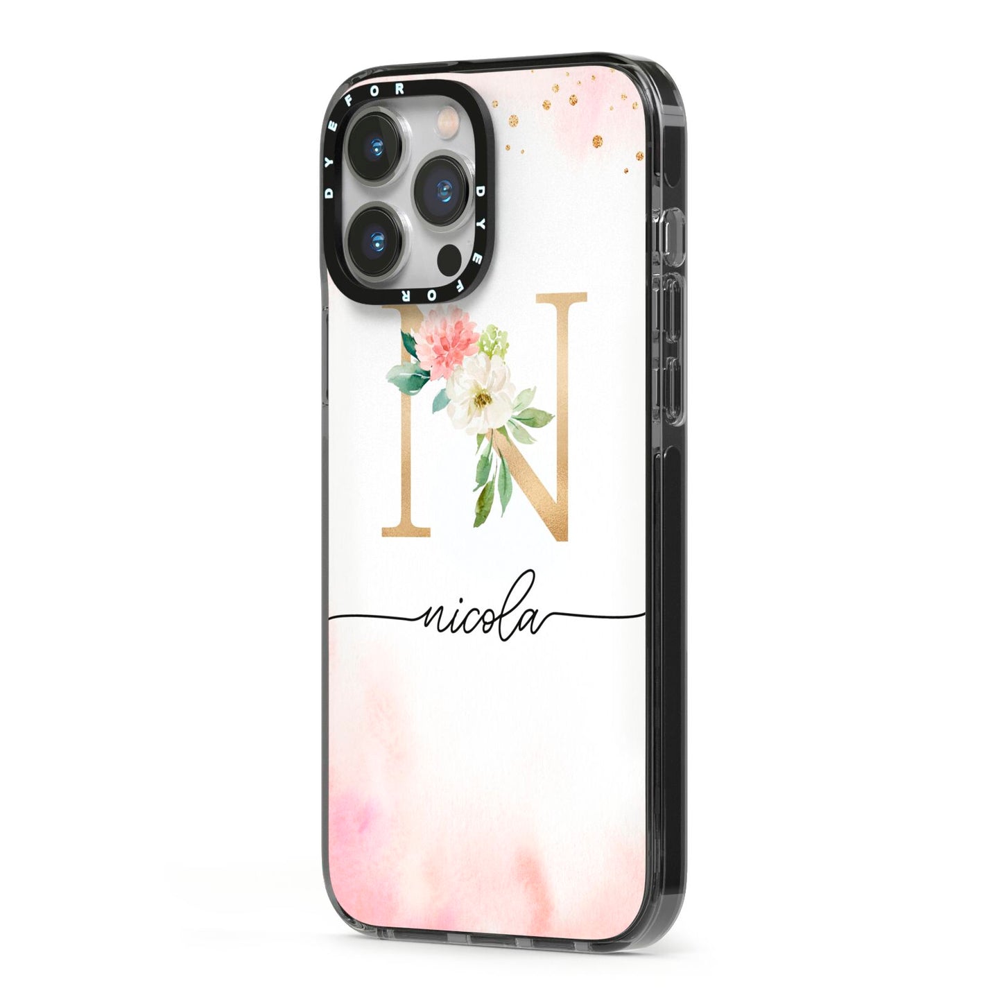 Pink Watercolour Monogram iPhone 13 Pro Max Black Impact Case Side Angle on Silver phone