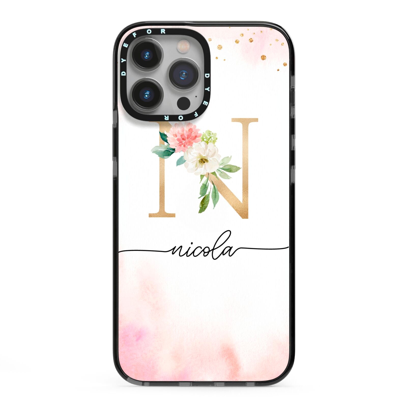 Pink Watercolour Monogram iPhone 13 Pro Max Black Impact Case on Silver phone