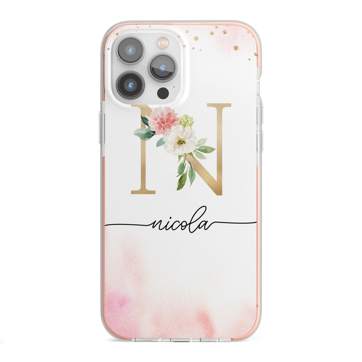 Pink Watercolour Monogram iPhone 13 Pro Max TPU Impact Case with Pink Edges