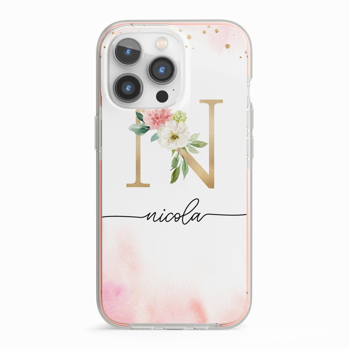 Pink Watercolour Monogram iPhone 13 Pro TPU Impact Case with Pink Edges