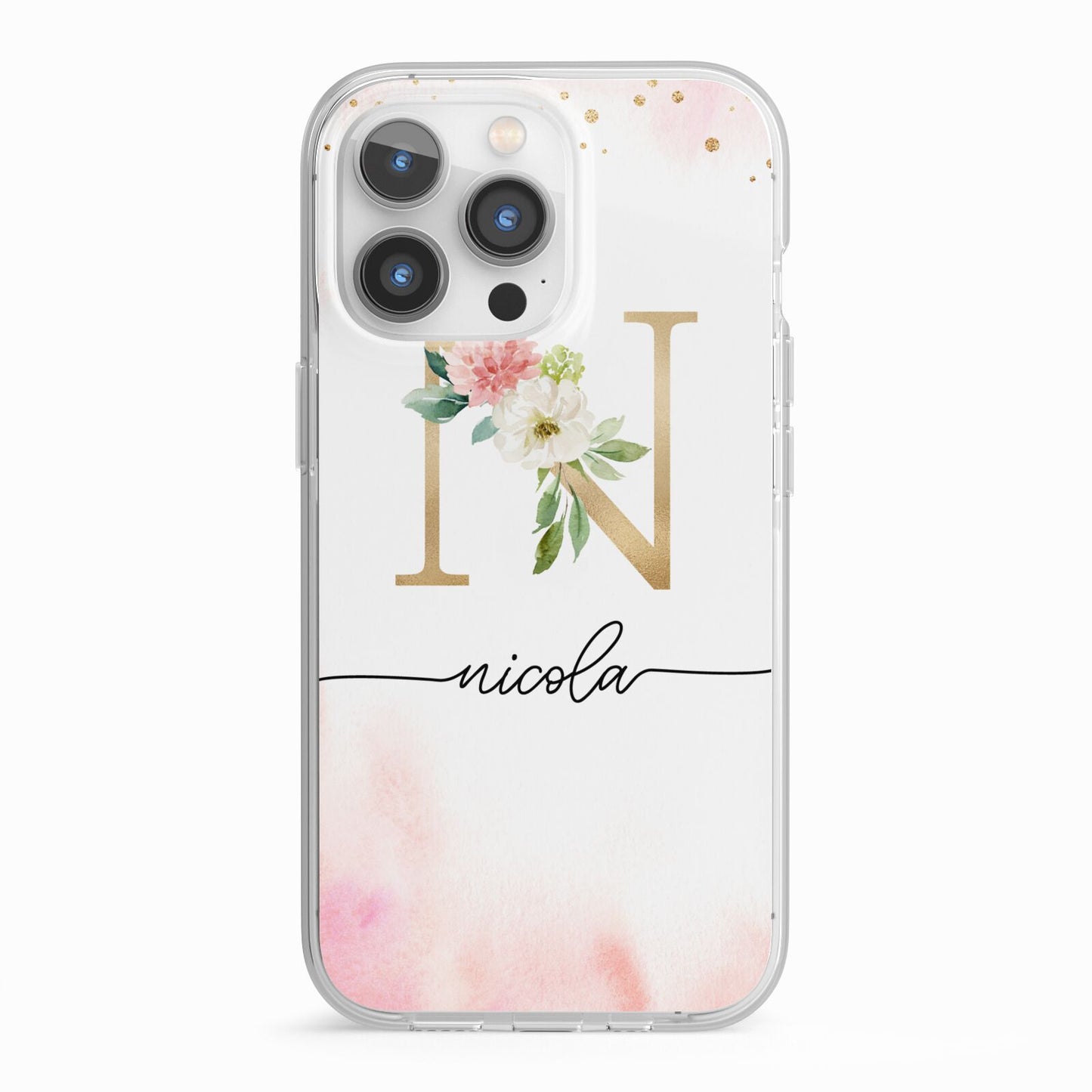 Pink Watercolour Monogram iPhone 13 Pro TPU Impact Case with White Edges