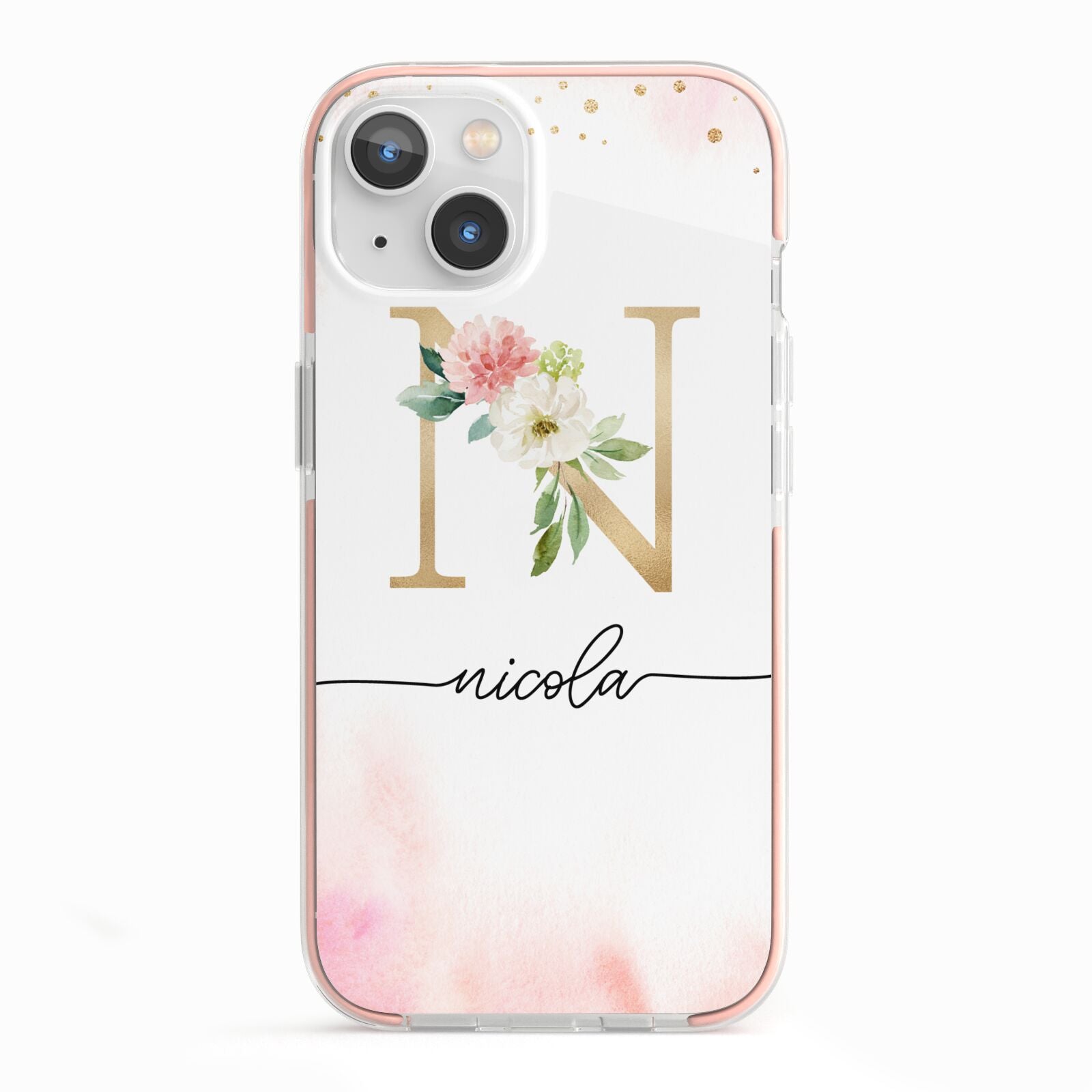 Pink Watercolour Monogram iPhone 13 TPU Impact Case with Pink Edges