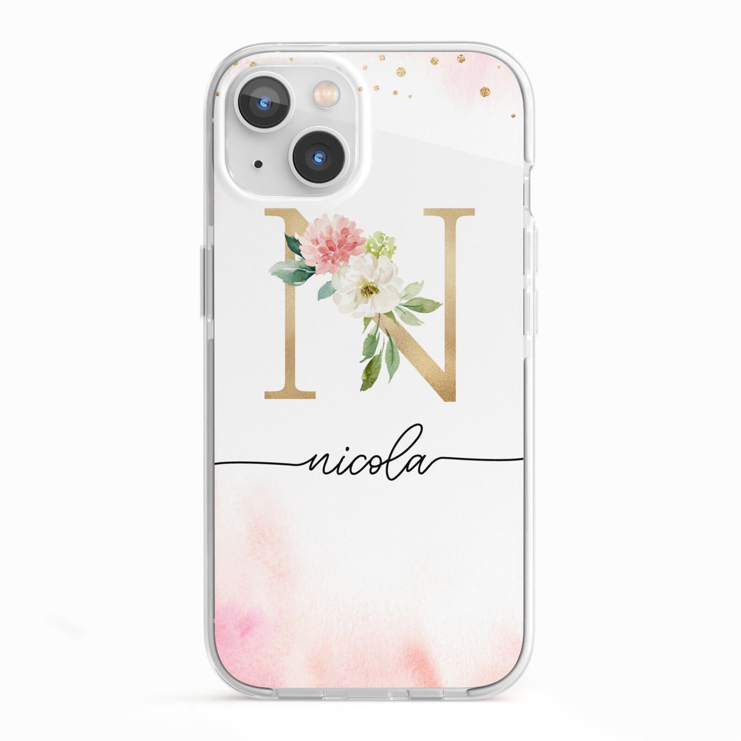 Pink Watercolour Monogram iPhone 13 TPU Impact Case with White Edges