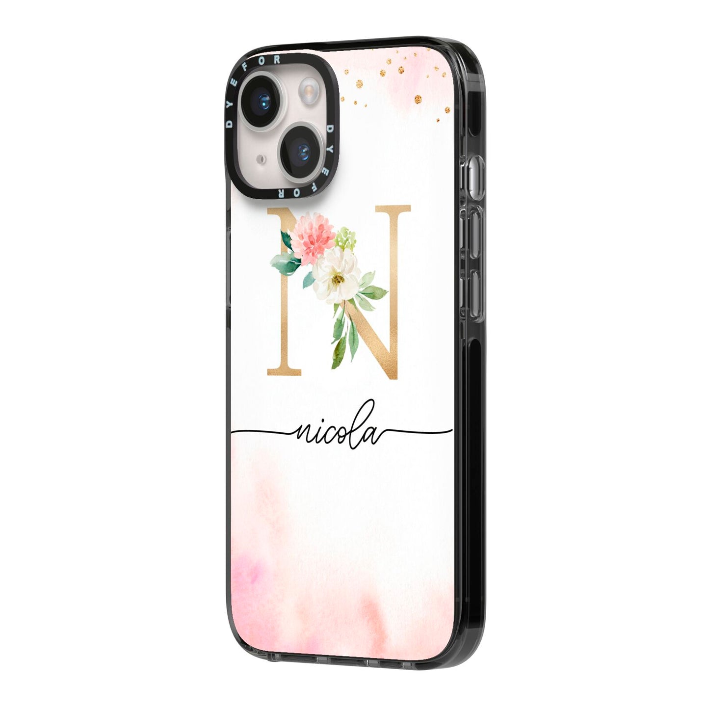 Pink Watercolour Monogram iPhone 14 Black Impact Case Side Angle on Silver phone