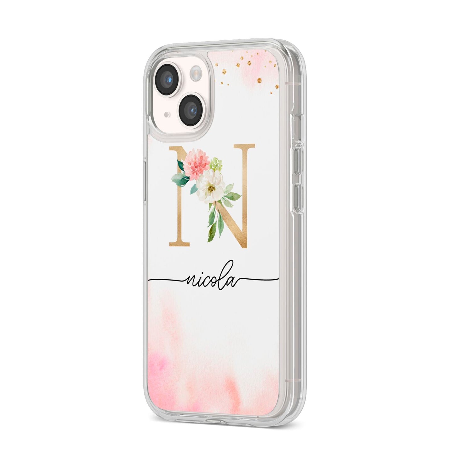 Pink Watercolour Monogram iPhone 14 Clear Tough Case Starlight Angled Image