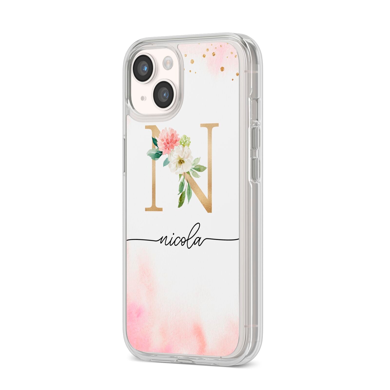 Pink Watercolour Monogram iPhone 14 Clear Tough Case Starlight Angled Image