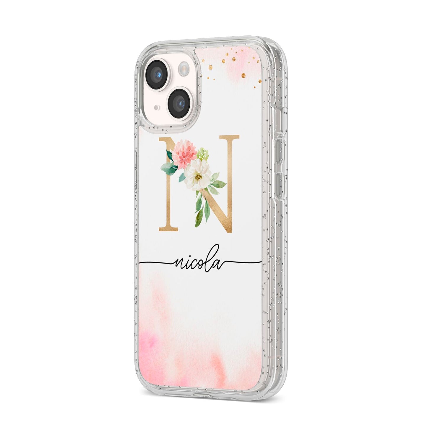 Pink Watercolour Monogram iPhone 14 Glitter Tough Case Starlight Angled Image