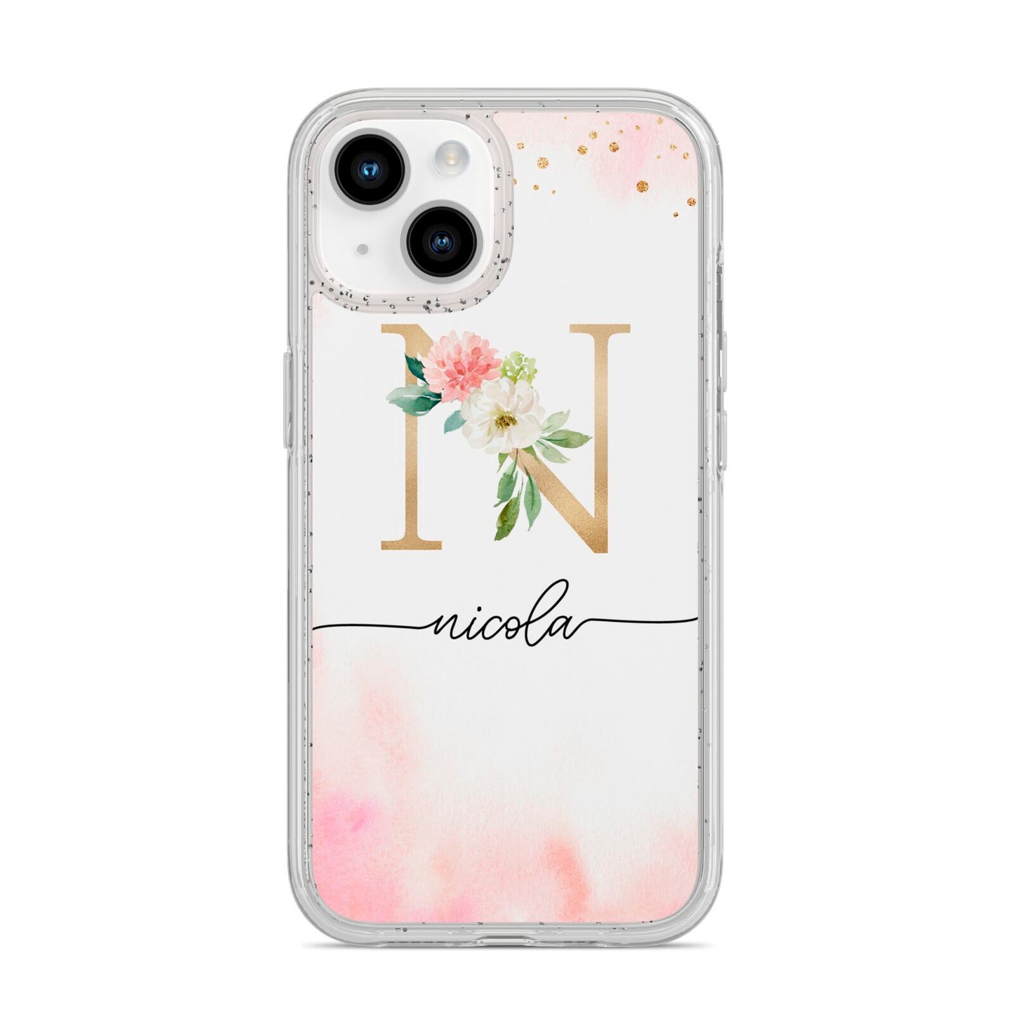 Pink Watercolour Monogram iPhone 14 Glitter Tough Case Starlight