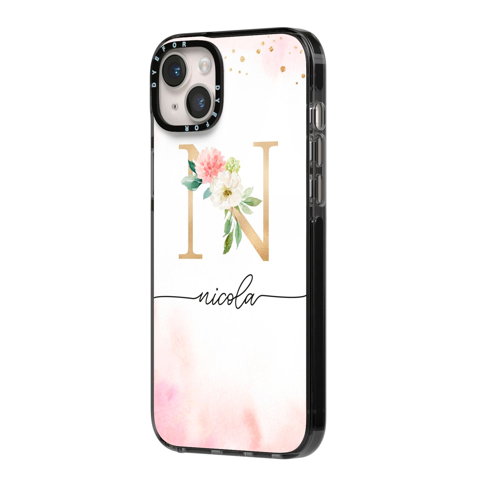 Pink Watercolour Monogram iPhone 14 Plus Black Impact Case Side Angle on Silver phone