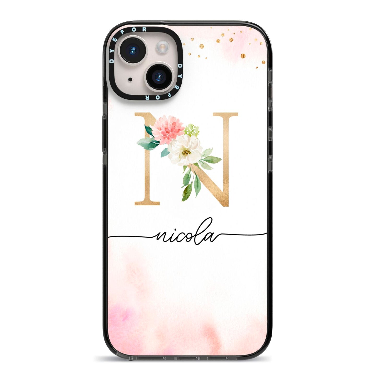 Pink Watercolour Monogram iPhone 14 Plus Black Impact Case on Silver phone