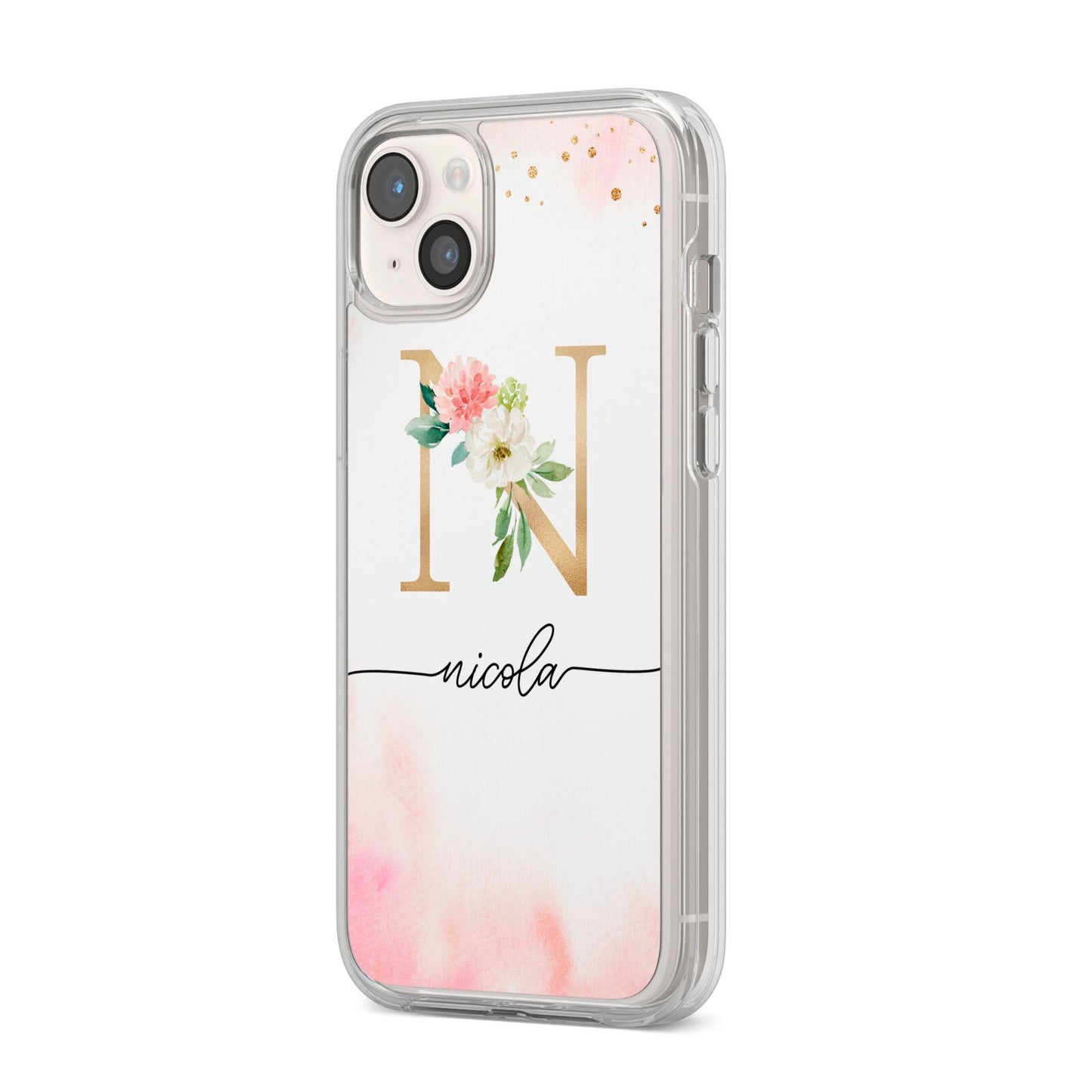 Pink Watercolour Monogram iPhone 14 Plus Clear Tough Case Starlight Angled Image