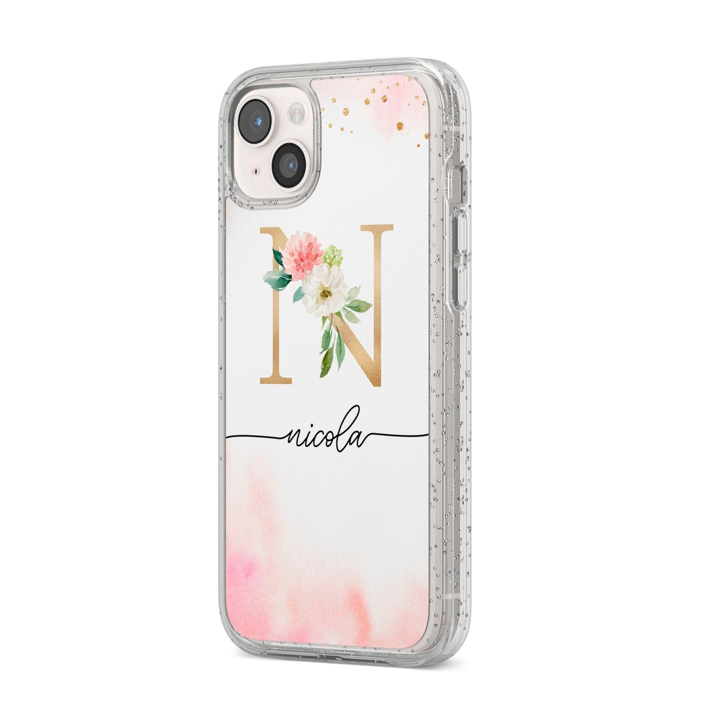 Pink Watercolour Monogram iPhone 14 Plus Glitter Tough Case Starlight Angled Image