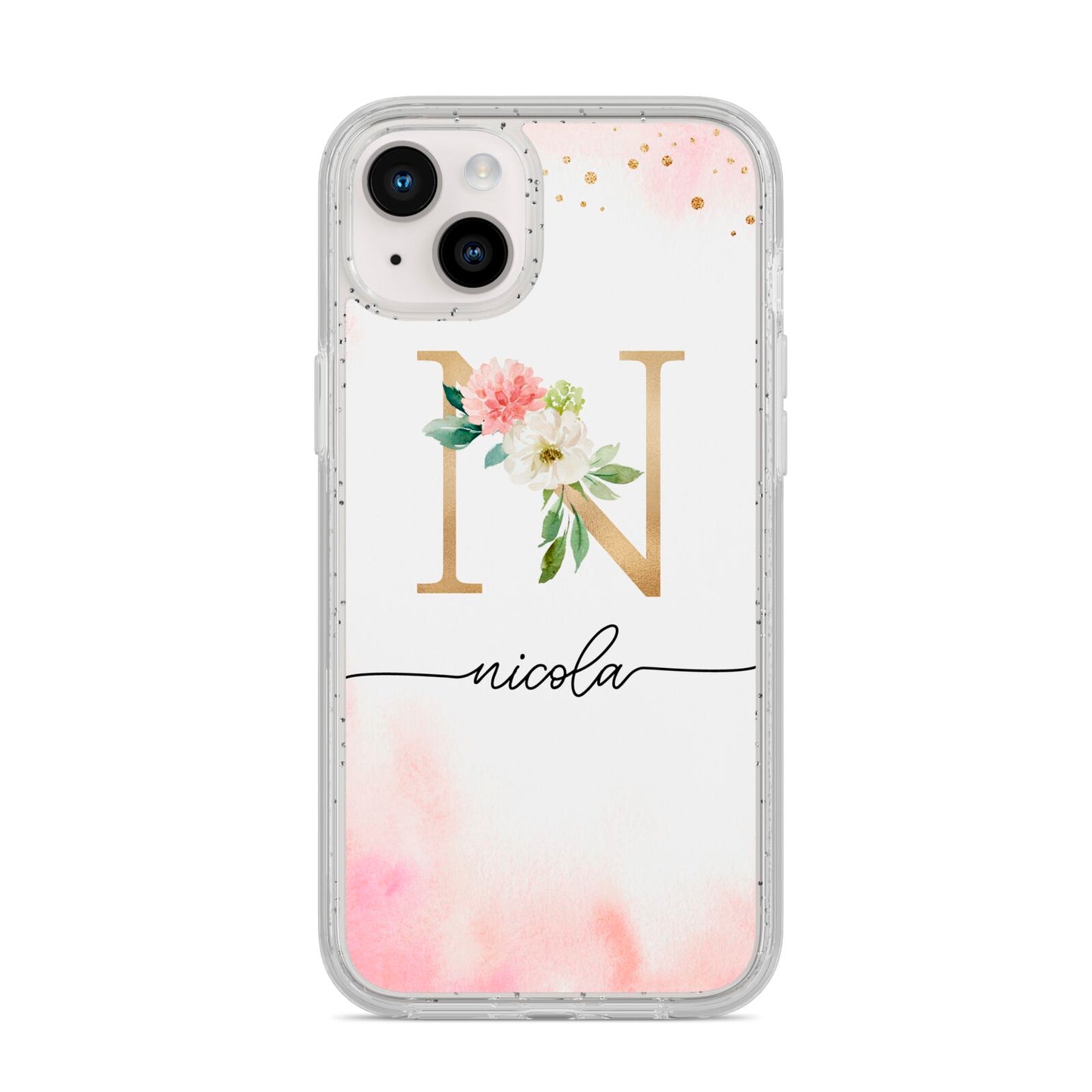 Pink Watercolour Monogram iPhone 14 Plus Glitter Tough Case Starlight