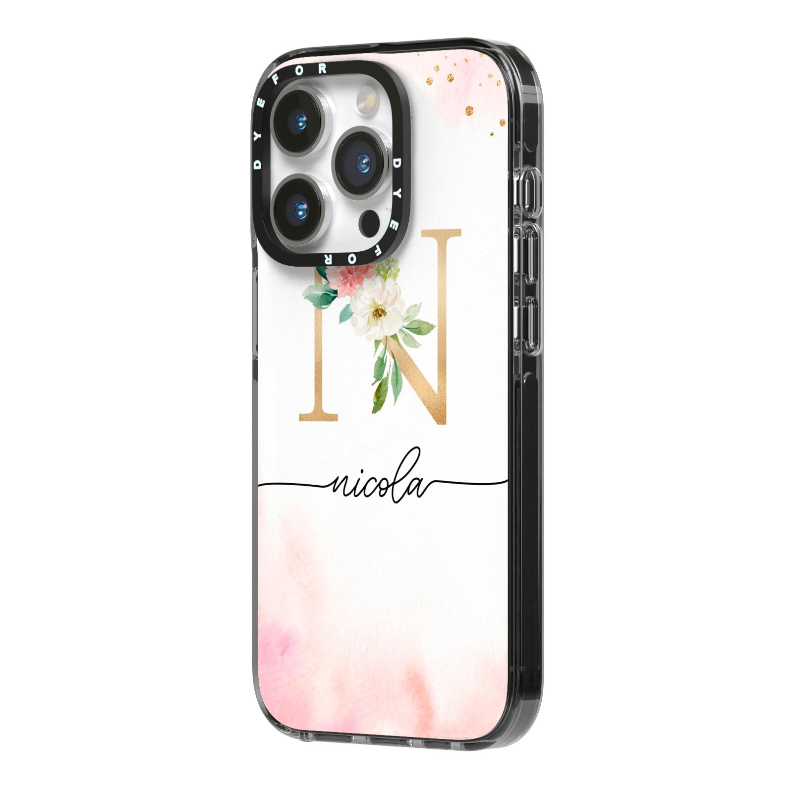 Pink Watercolour Monogram iPhone 14 Pro Black Impact Case Side Angle on Silver phone