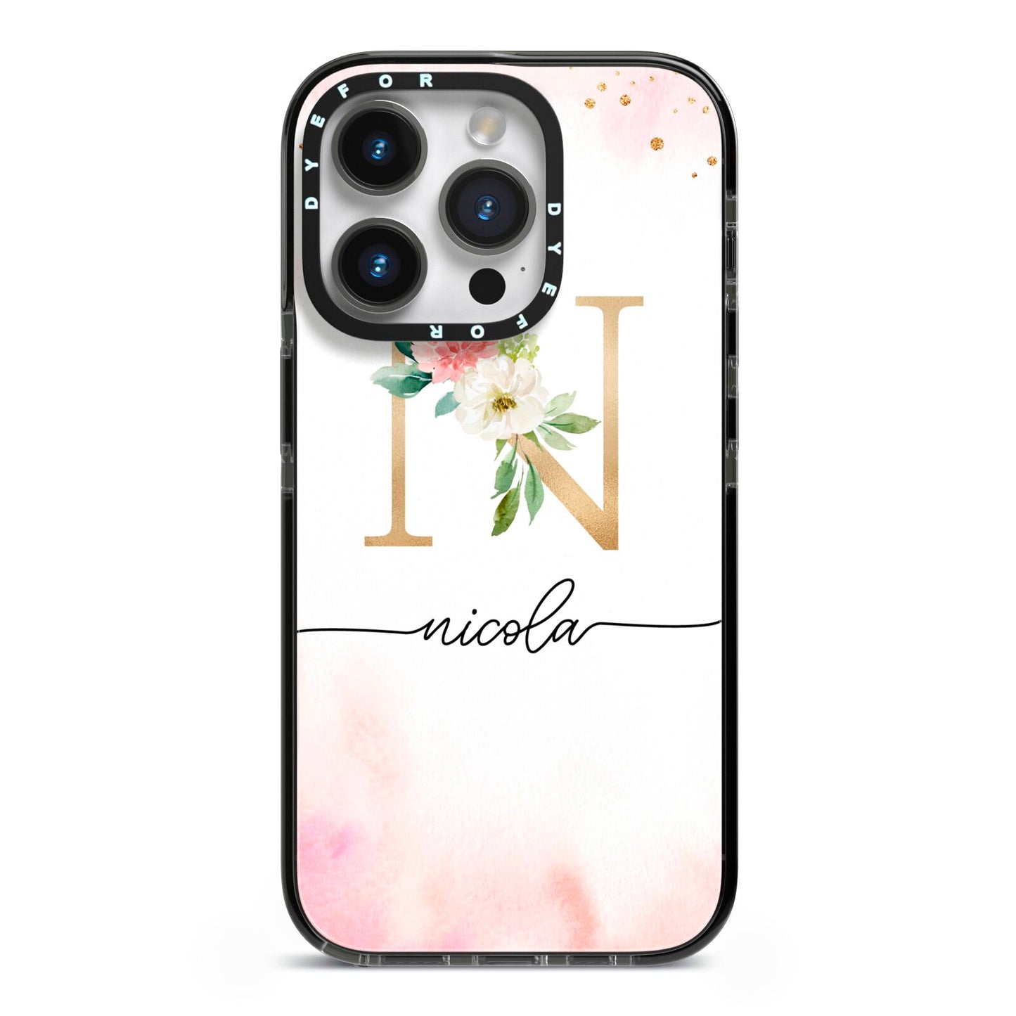 Pink Watercolour Monogram iPhone 14 Pro Black Impact Case on Silver phone